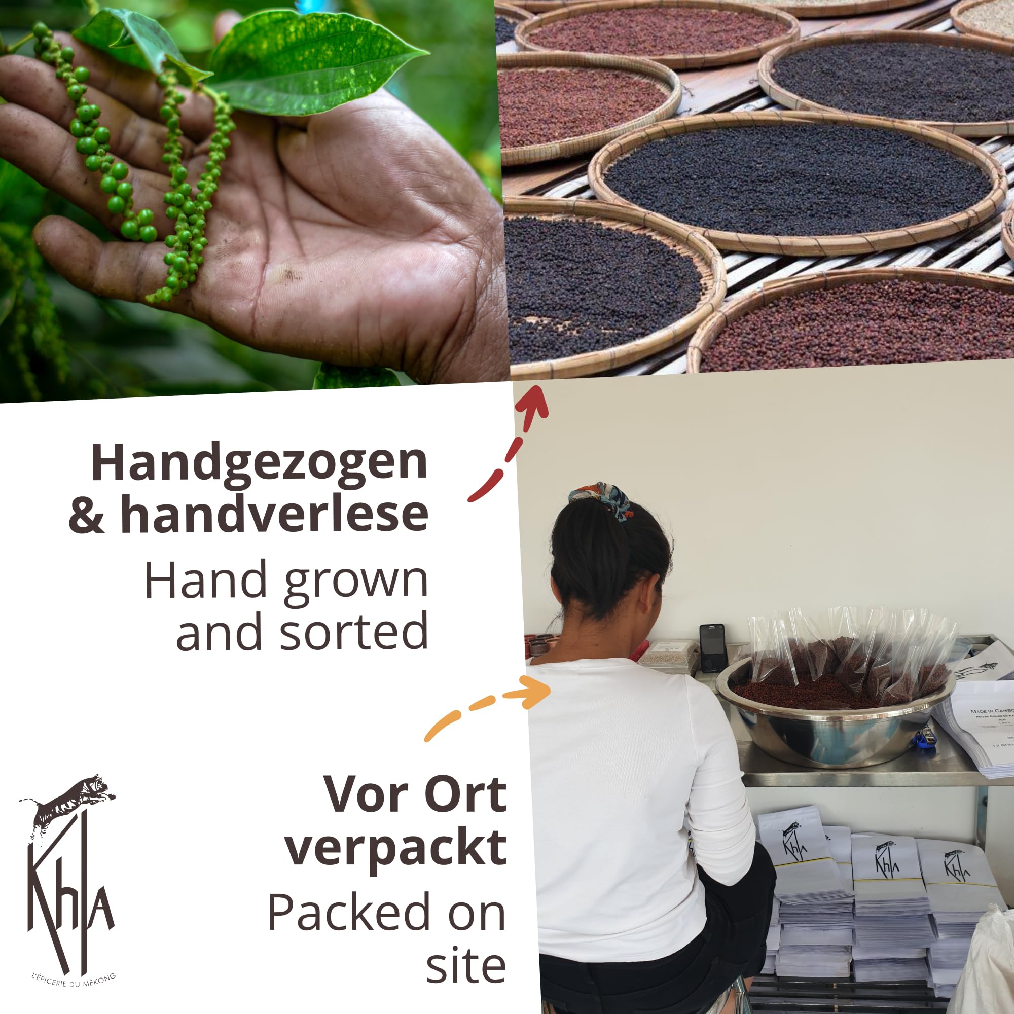 Khla - 3er Kampot Pfeffer Geschenkset - Schwarzer, Weißer, Roter Kampot Pfefferkörner Set - 3 x 120g - Gourmet Gewürzset - Geschenkidee für Männer und Frauen - Weihnachten, Geburtstag - Aus Kambodscha
