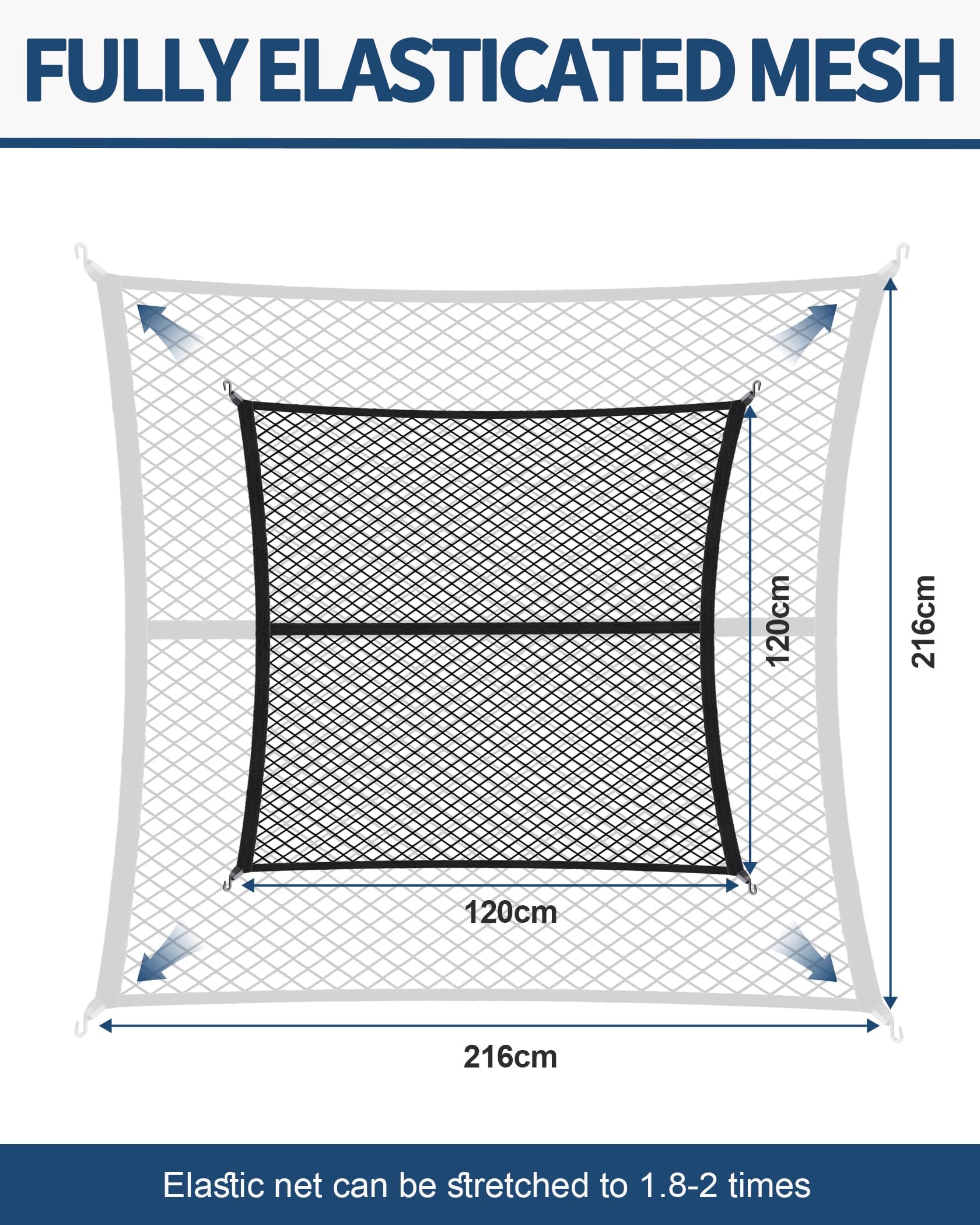 FreeTec Hochelastisches Gepäcknetz 120x120cm – Dehnbar Bis 210x210cm, Kofferraumnetz Mit 4 Haltegurten & 6 Karabinern Für Auto, LKW & Wohnmobil