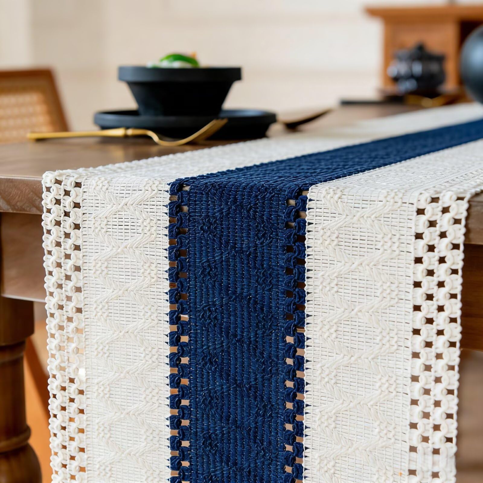 Camino de Mesa de algodón y arpillera Tejido a Mano con borlas, Estilo rústico de Granja for Cocina Bohemia(Blue Stripes,450cm)