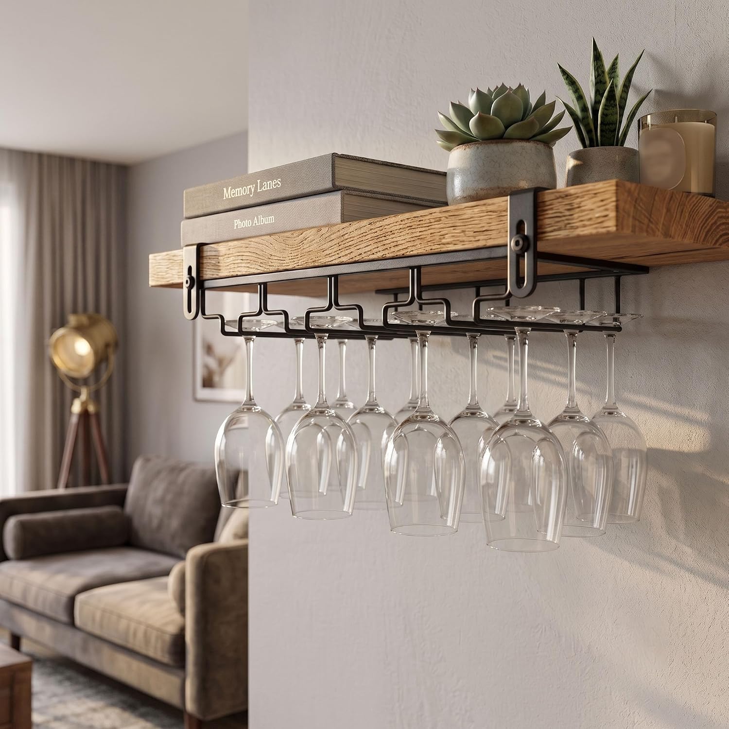 Drill-Free Wine Glass Rack Under Cabinet, Adjustable Clamp