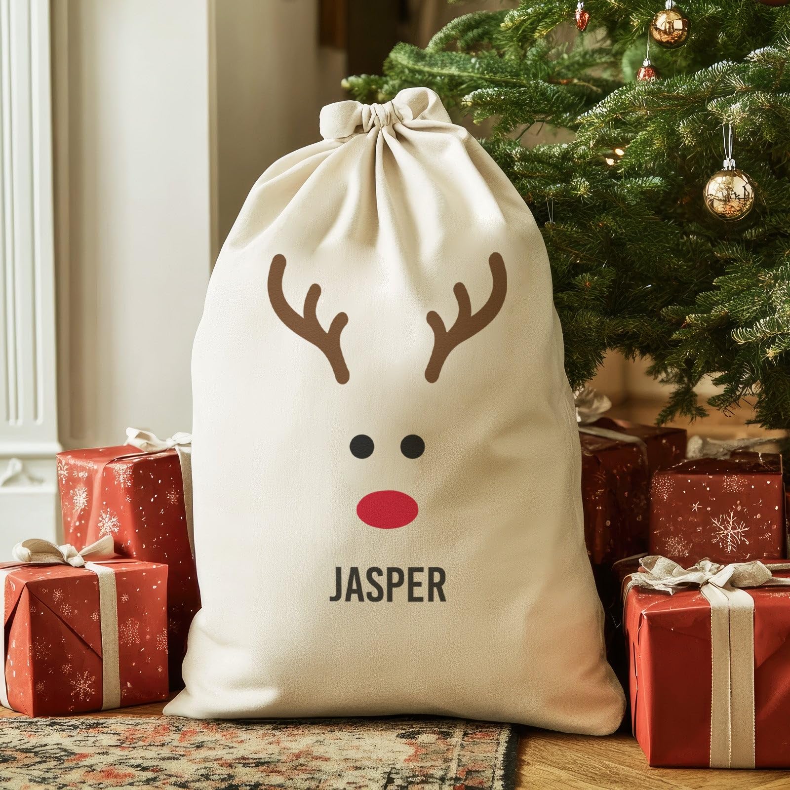 The Gift Project Biege Personalised Name Reindeer Face - Christmas Santa Sack