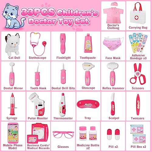 Miniatura 2 de Kit de 33 piezas de médico para mascotas para niños pequeños, disfraz de disfraz y juego de simulación de médico con juguete de gato, estetoscopio,