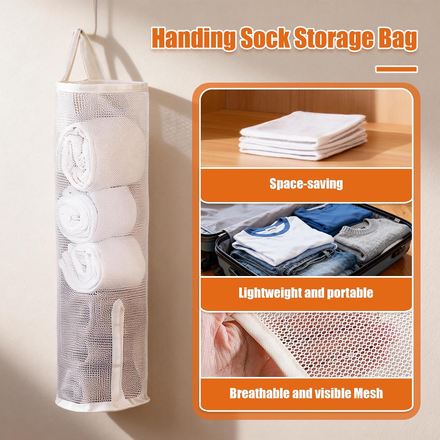 Hanging Sock Organizer, 3 Pack Mesh Storage Bags with Top & Bottom Access | Domsanistor Storage Bag Holds 7-10 Pairs, Closet Organizer for Underwear, Scarves, & Small Items