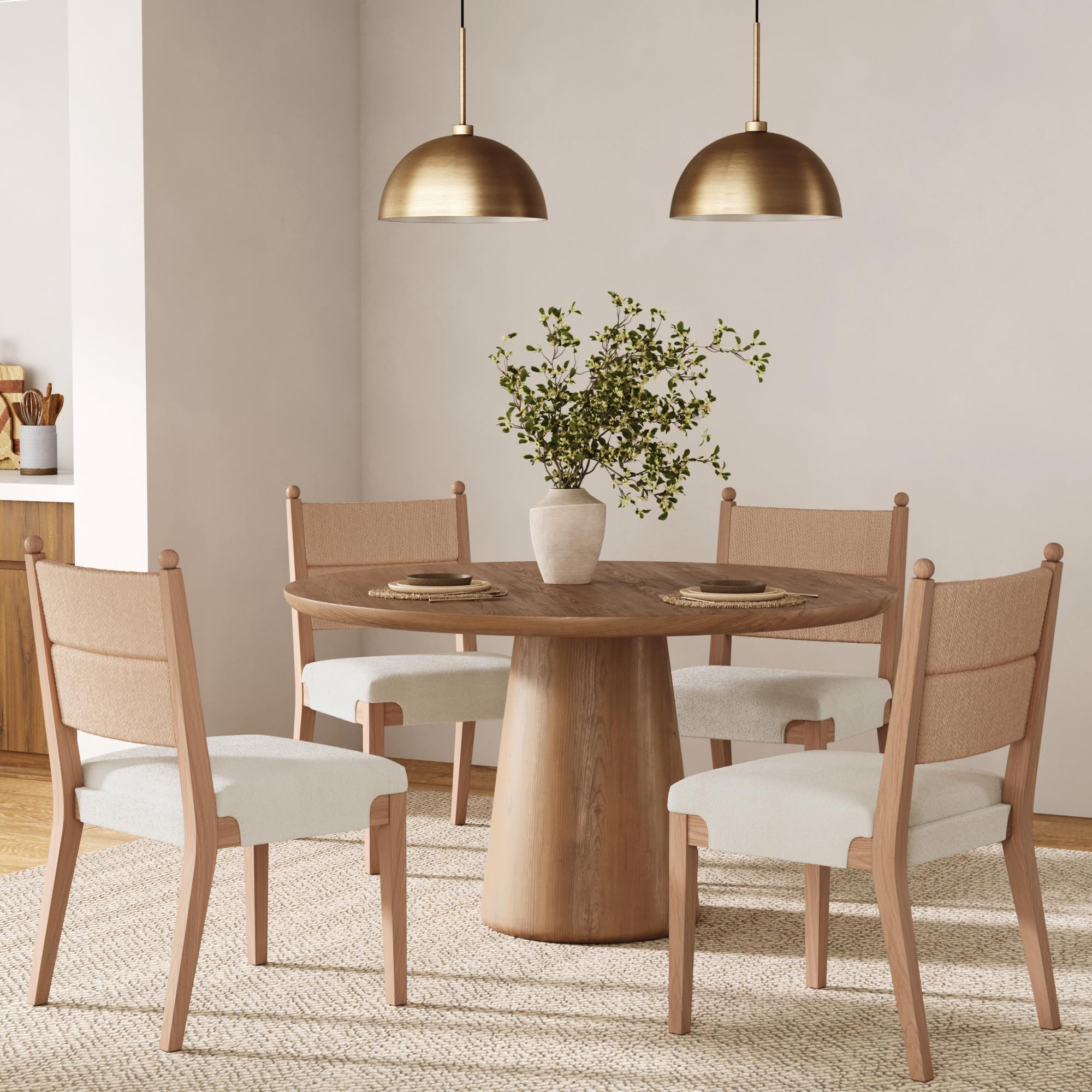 Nathan James Cove Raw Oak Dining Chair with Seagrass Back, Boucle Seat, Solid Wood Legs Set of 4