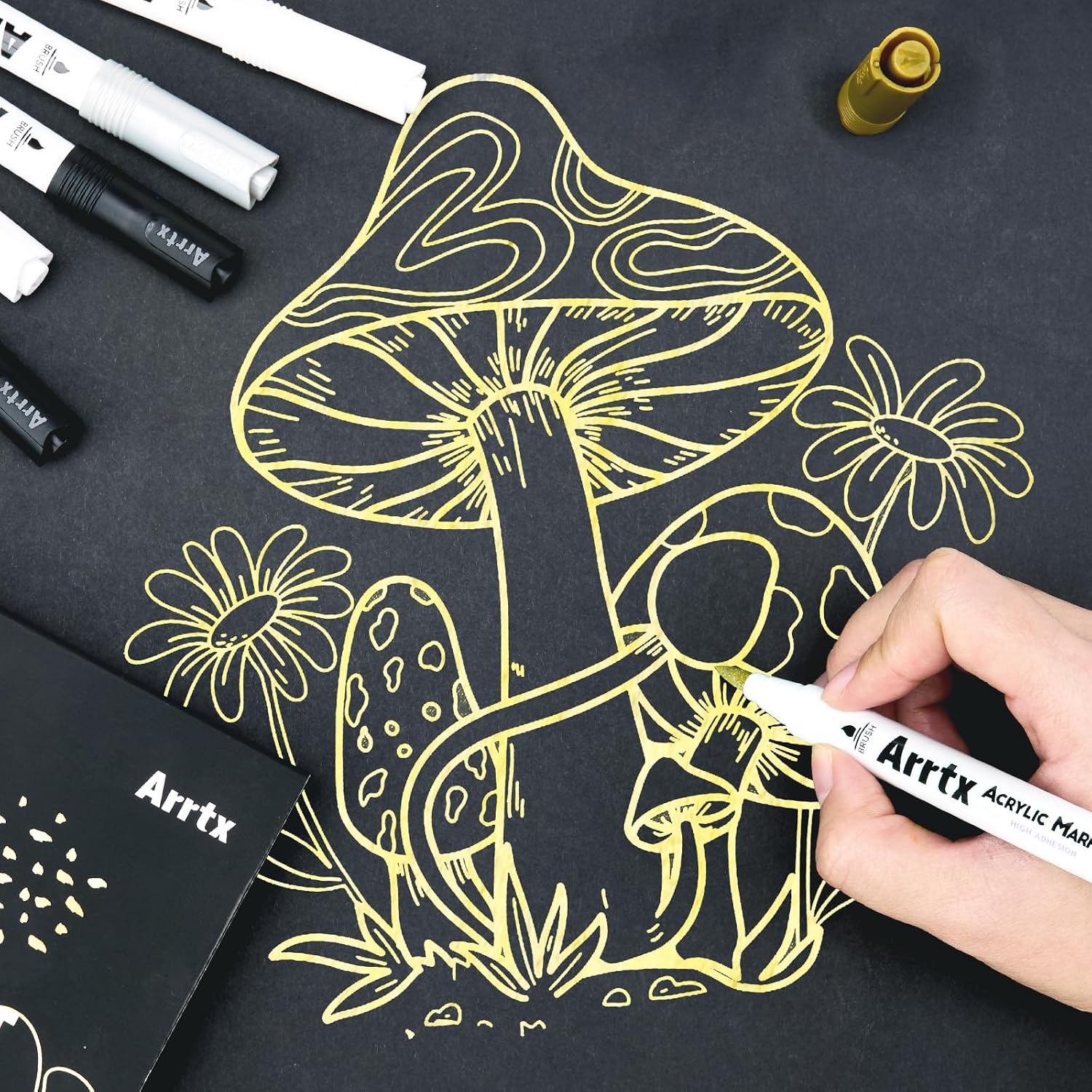 Arrtx Acrylic Markers 4 Black 4 White 1 Gold 1 Sliver,Set of 10 Brush Tip Acrylic Paint Pens Paint Markers,Quick Dry,for Metal Wood Stone Plastic Ceramic and DIY Craft
