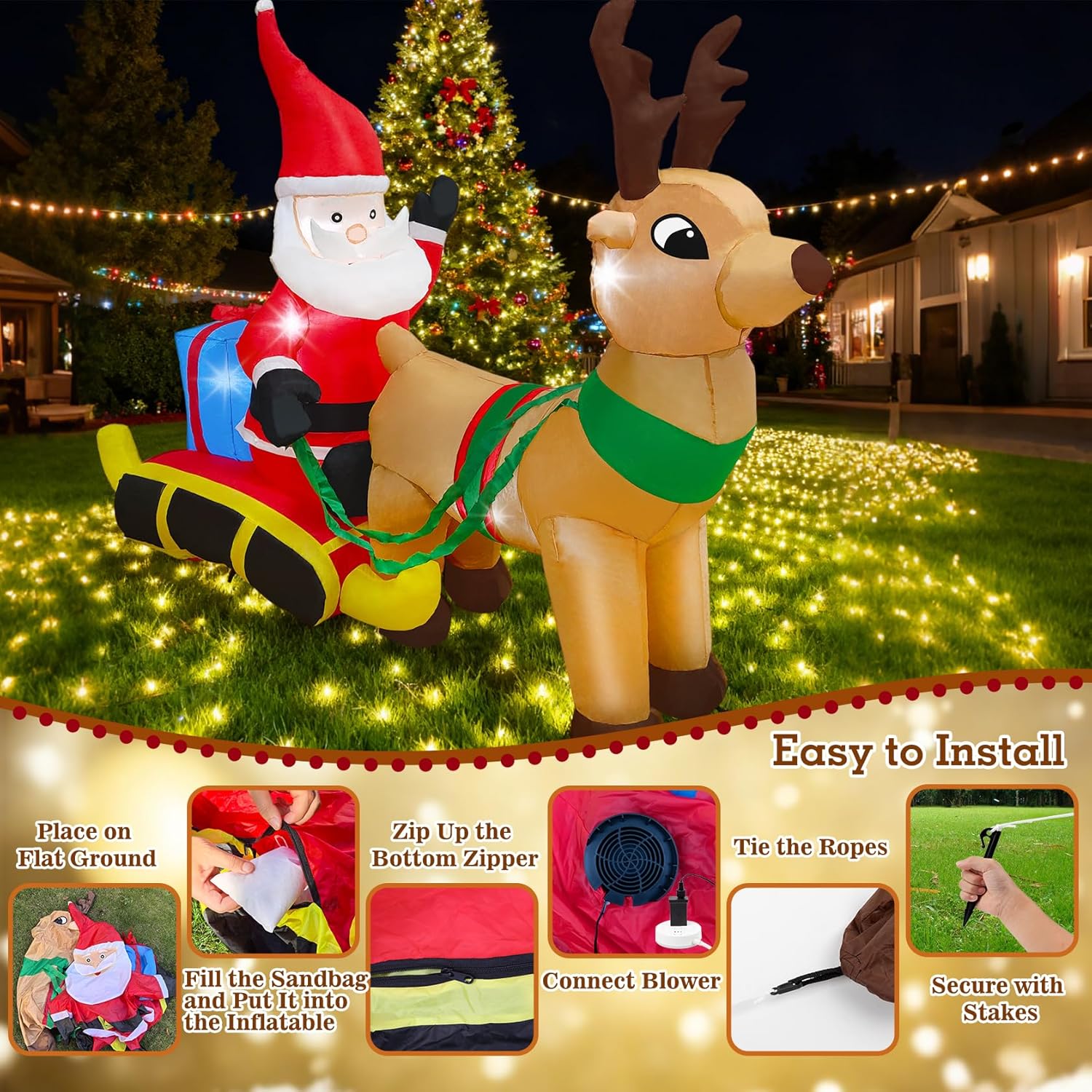 7.2 Ft Length Christmas Inflatable Santa on Reindeer Sleigh Decoration, Durable Blow Up Decoration Built-in LED Light, Christmas Inflatables for Garden Patio Lawn Home Indoor Winter Holiday Party