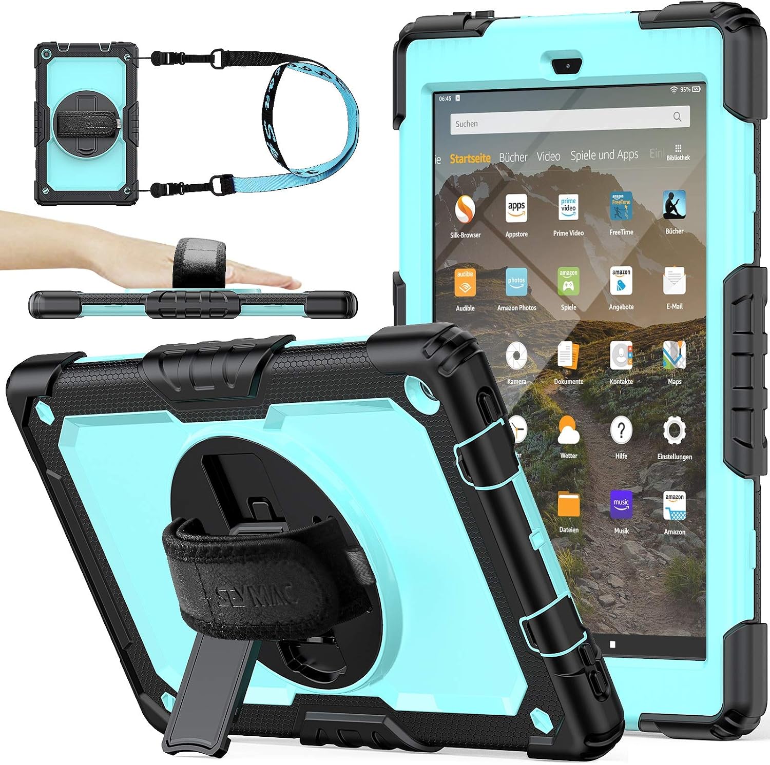 (NOT fit The 11th 2021) Amazon Fire HD 10 Case (ONLY fit 9th/7th Generation 2019/2017) with Screen Protector Pencil Holder [360 Rotating Hand Strap] &Stand, Drop-Proof Tablet Case (SkyBlue+Black)