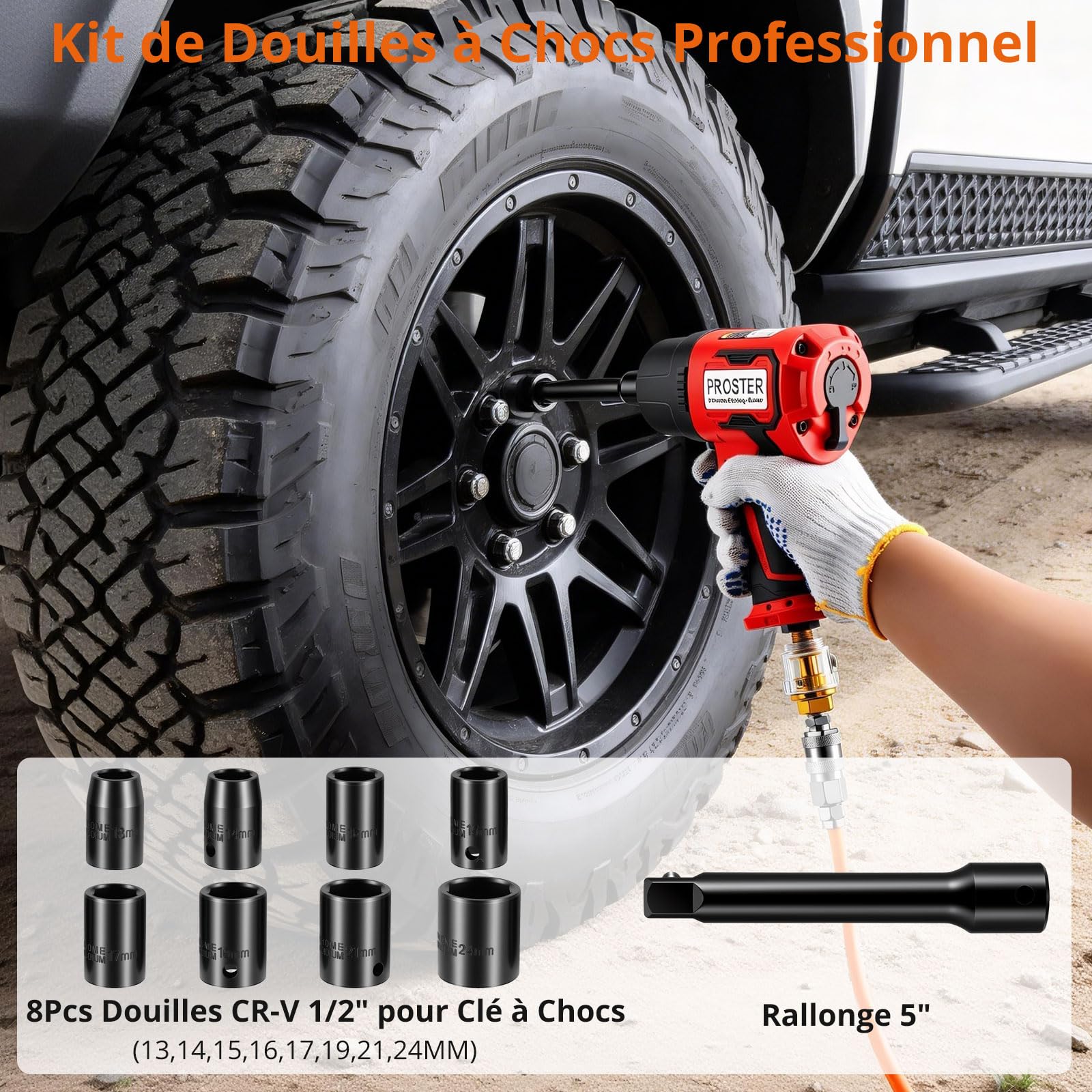 Proster Clé à Chocs Pneumatique 1/2 Pouce, 2170 Nm Couple Élevé, Double Marteau 8500 tr/min, Outil à Air Comprimé pour Réparation Automobile Garage Mécanicien avec 8 Douilles CR-V, Rallonge et Coffret