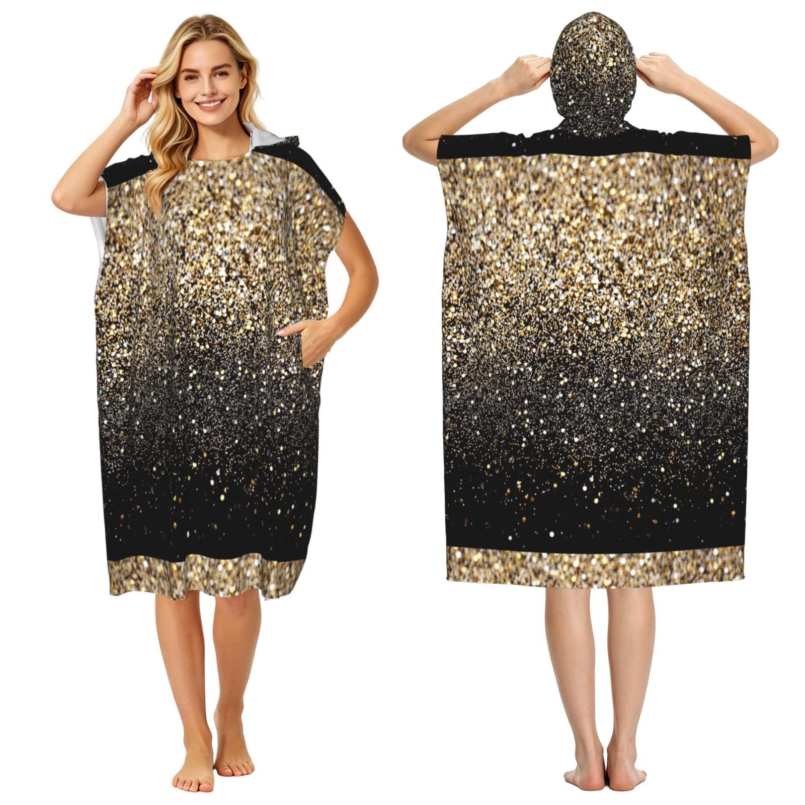 Poadnly Black & Gold Sparkle, Adult Hooded Beach Towel 90 x 110 cm,Changing Bath Robe, Surf Poncho Towel For Women Men