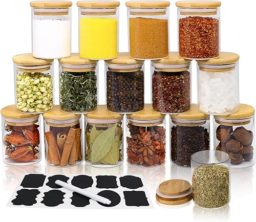 Tarro de especias de vidrio de 6.5 onzas con tapas herméticas y etiquetas de bambú, pequeños recipientes de almacenamiento de alimentos de vidrio