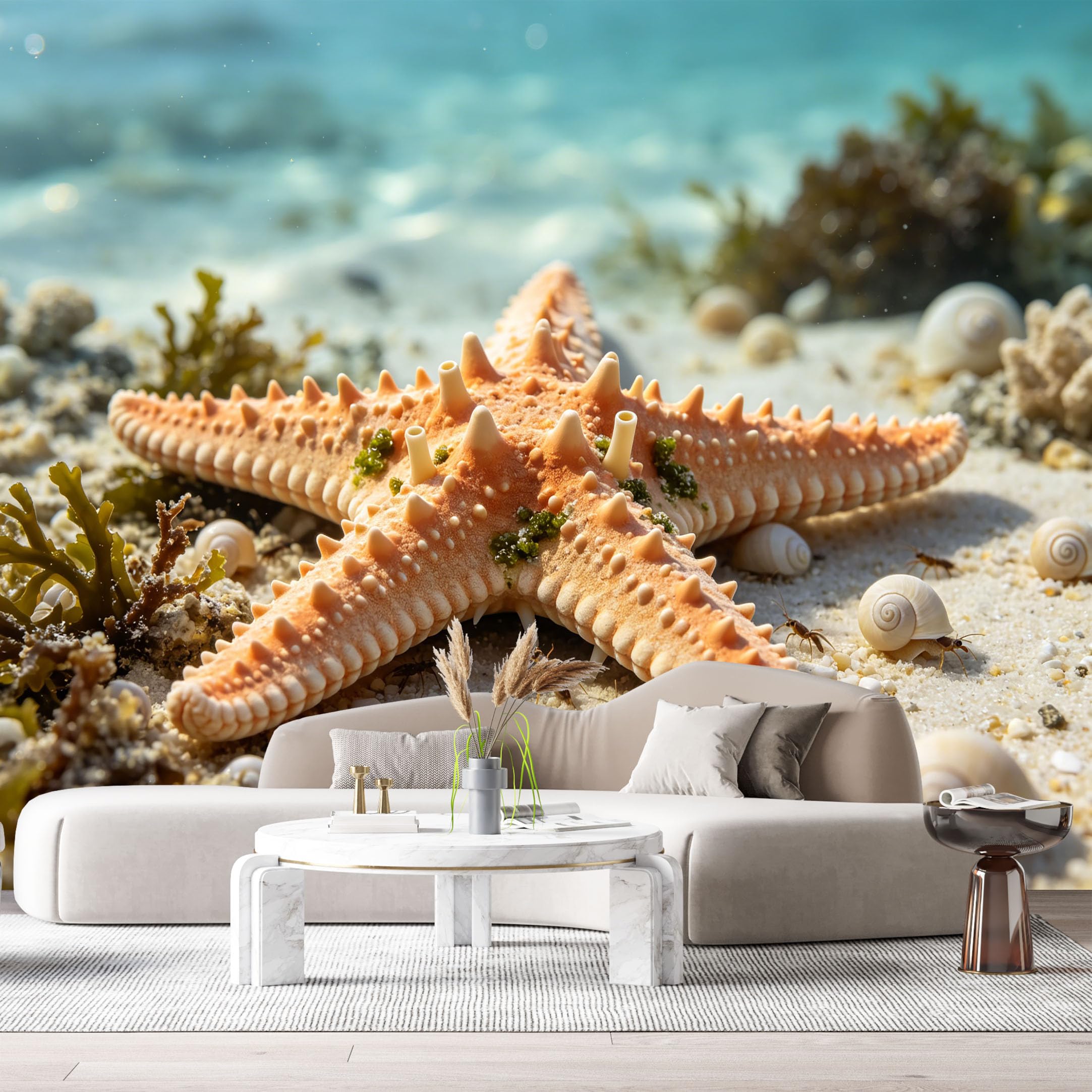 Custom Size Wall Murals Coastal Ocean Marine Starfish Seashells 3D Trompe L'Oeil SelfAdhesiveWall Fabric Removable Wallpaper Wall Decor for Living Room Bedroom Bathroom