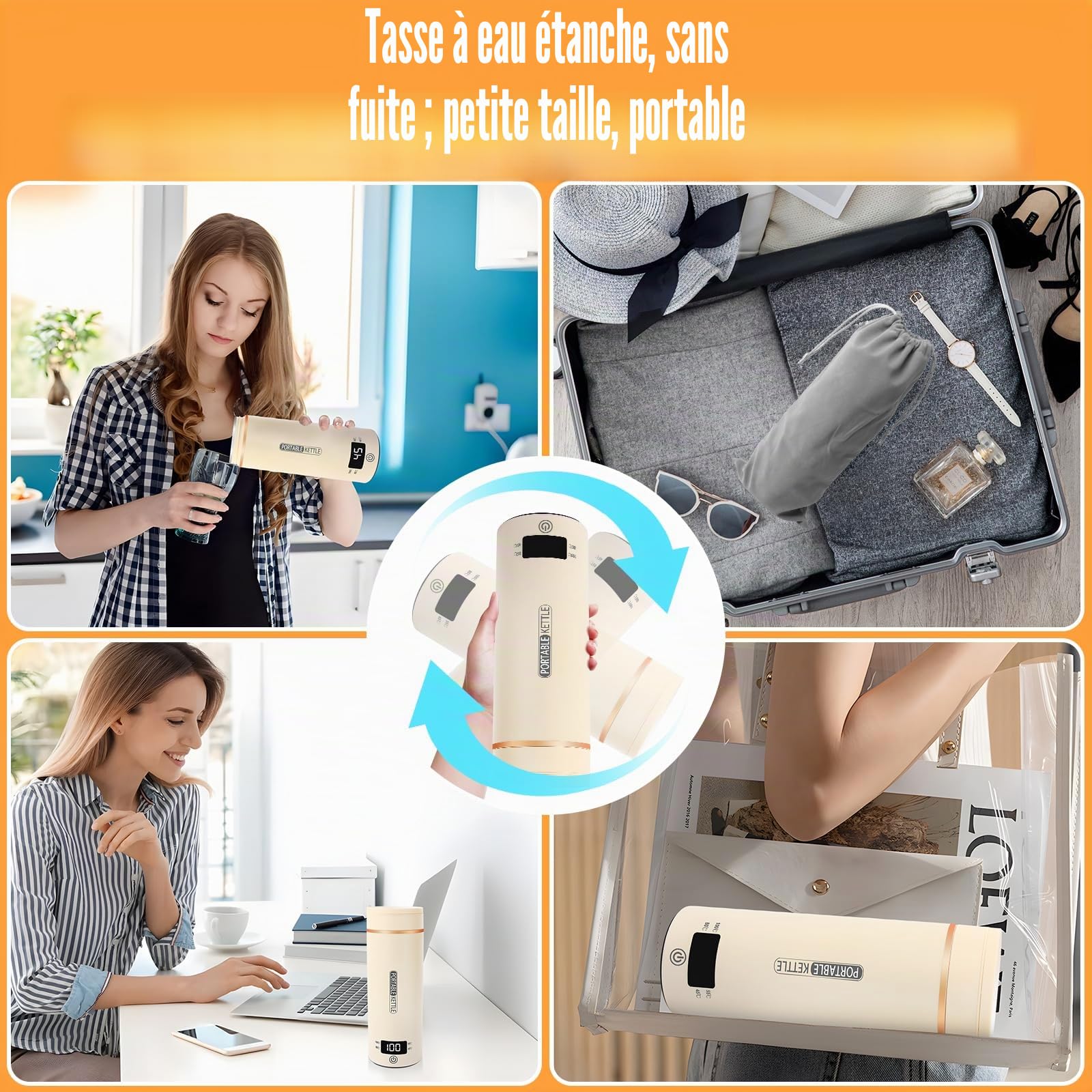 Petite bouilloire électrique de voyage, 500 ml/300 W, mini tasse à eau en acier inoxydable 316, chauffage automatiquement arrêté, avec couvercle réversible pour thé, café, lait de bébé (beige)
