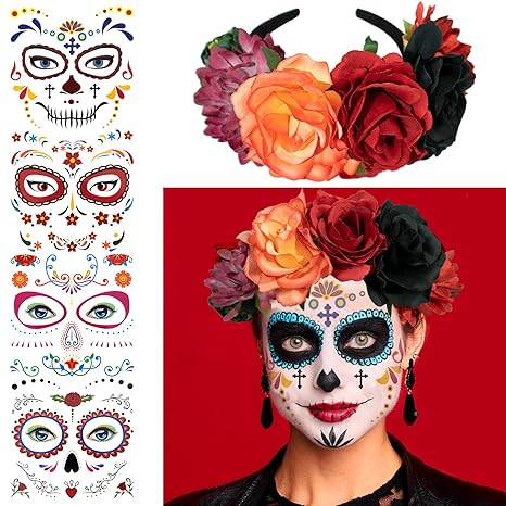 4 Kits Day of the Dead Makeup Face Tattoos for Men and Women with 1 Rose Red Flower Crown Headband for Halloween Party Supplies Cosplay Festival Masquerade Halloween Costume