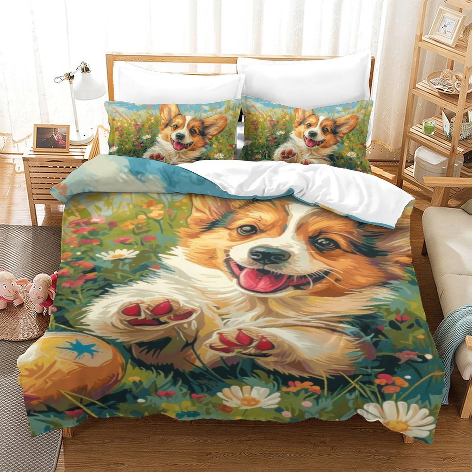 Housse de couette Corgi 3D 140x200cm en microfibre avec taies d'oreiller