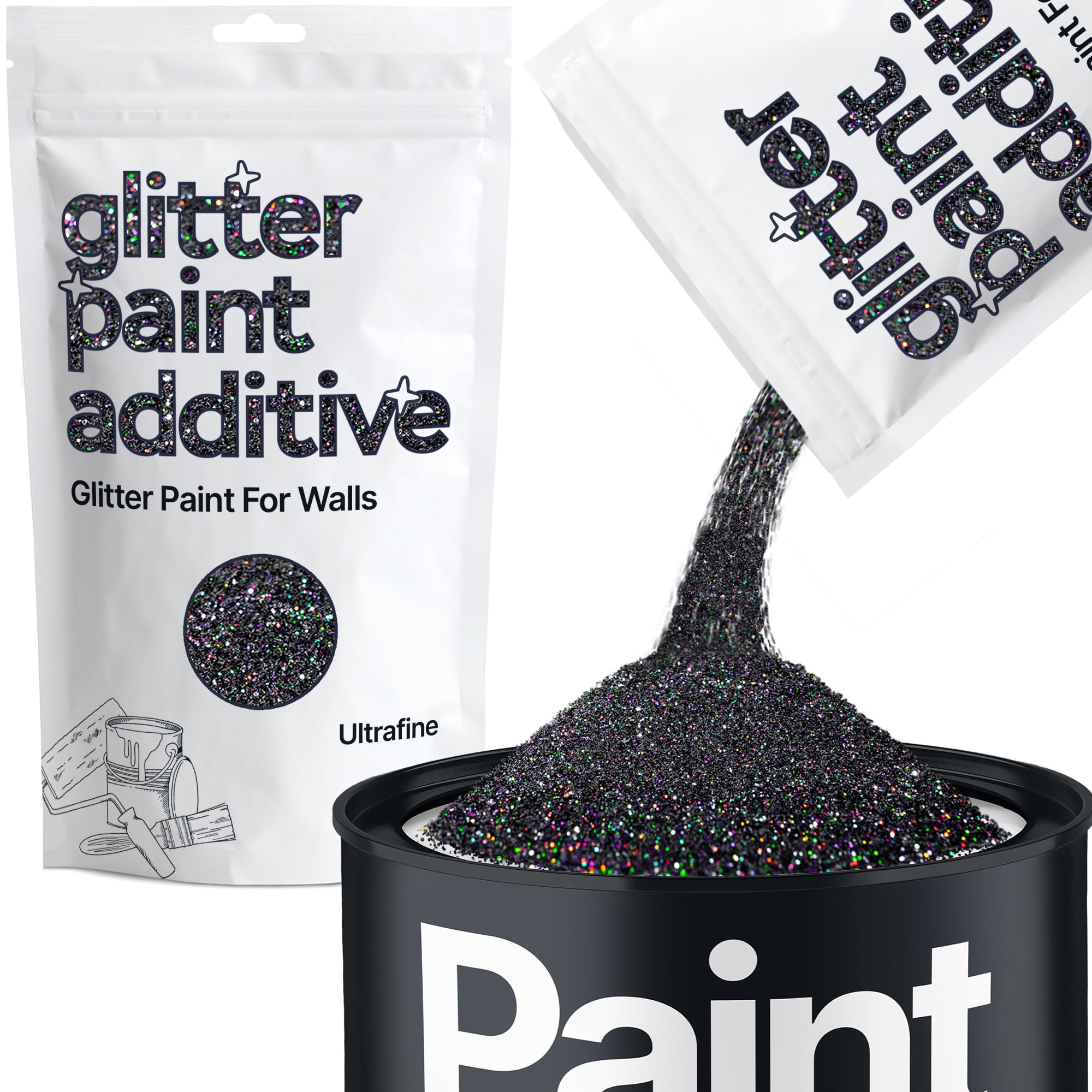 Glitter Paint Additive Crystals for Acrylic Emulsion Paint, Interior & Exterior Walls, Wood, Varnish, Matt, Gloss, Furniture 100g / 3.5oz - Ultrafine (1/128" 0.008" 0.2mm) - Black Holographic
