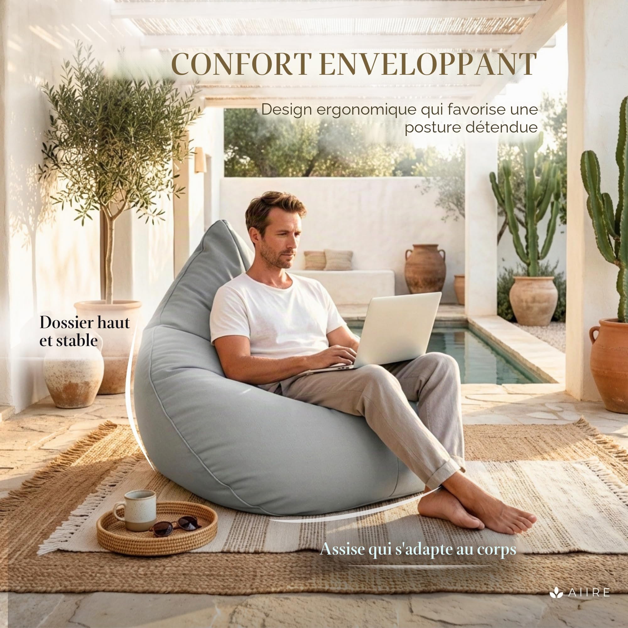 Aiire Pouf Exterieur XXL Design - Bean Bag Poire avec Remplissage pour Piscine et Jardin - Coussin de Sol ou Fauteuil de Lecture Géant - Pouffe Adulte, Gamer ou Ado Gris