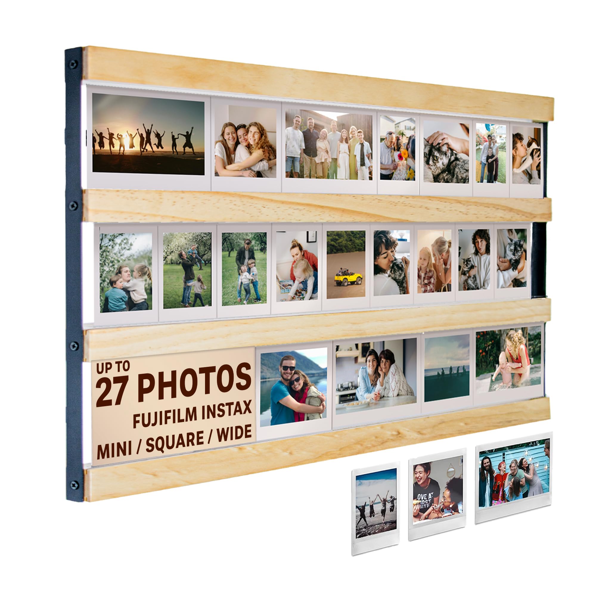 Tapeera Wood Multi Photo Collage Frame For Wall Compatible with Fujifilm Instax Mini,Wide & Square - Up to 27 Photos - 3-Tier Rail Mini Picture Frame - Not Compatible with Polaroid i-Type 600 Film
