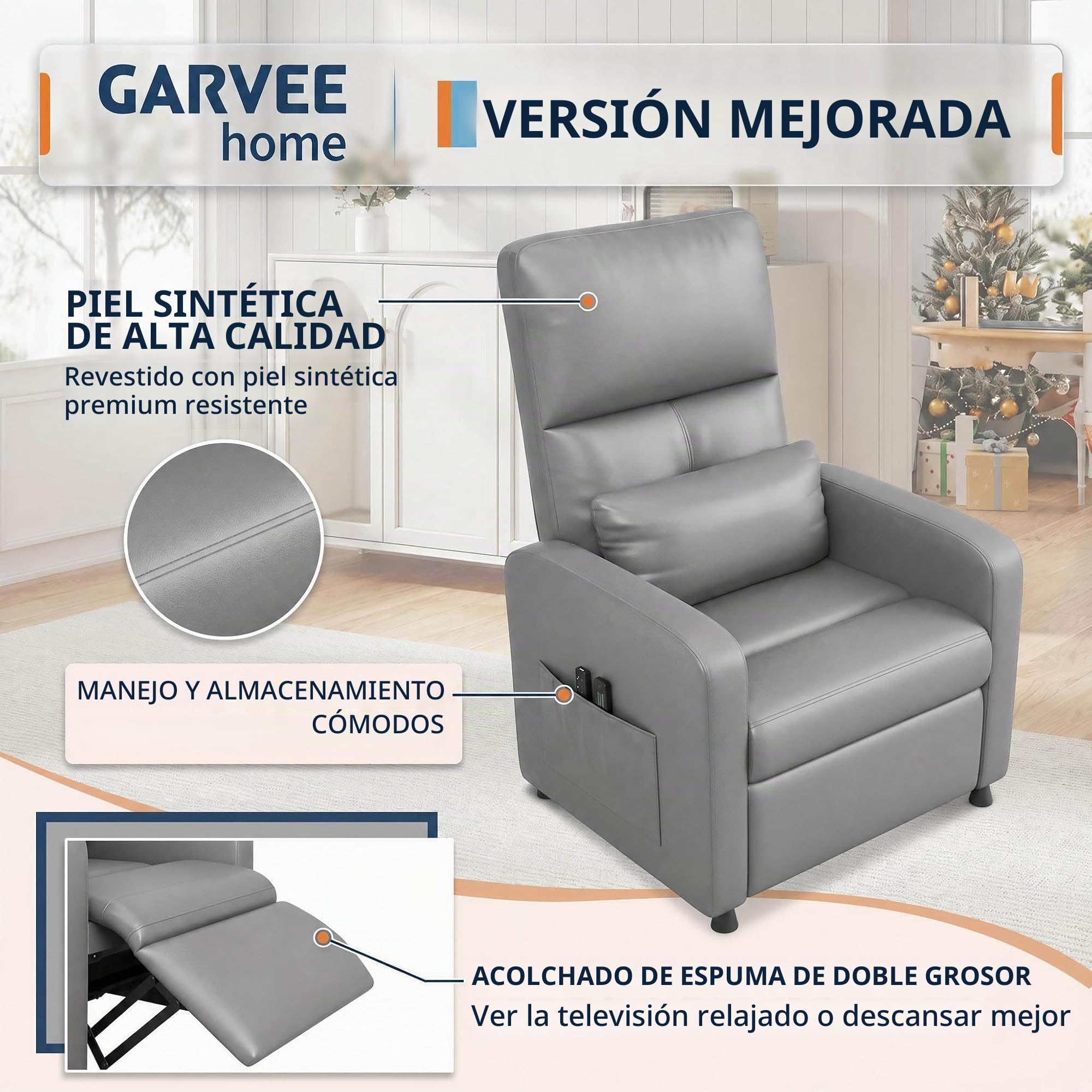 GarveeLife Sillón Reclinable Eléctrico con Masaje y Calor, Polipiel, Gris | Con estructura de hierro, respaldo eléctrico regulable, para salón o sala de estar, cada unidad mide 83 x 76 x 102 cm