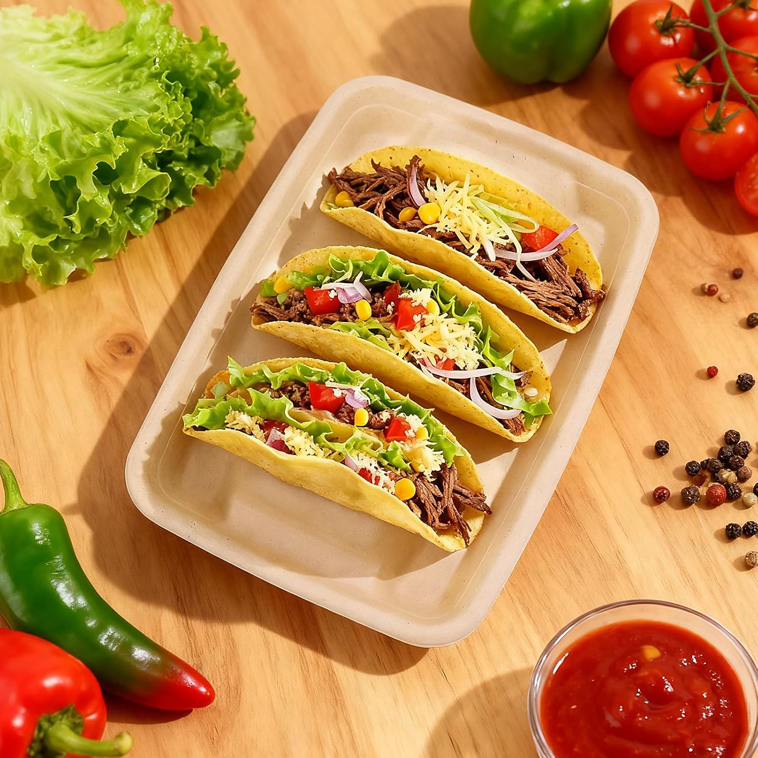 24Pcs Disposable Taco Holders with 100 Liners and 100 Gloves, Heavy Duty Natural Fiber Taco Plates, 3 Compartment Taco Trays for Taco Bar Party Supplies, Fiesta Decorations