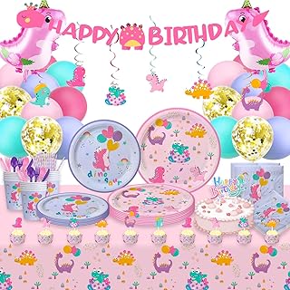 272 Pieces Dinosaur Party Supplies Set - (Serves 20) - Pink Dinosaur Party Decorations for Girls - Dinosaur Birthday Party Supplies with Disposable Dinnerware Happy Birthday Banner Large Girl Dinosaur Foil Balloons Cake Topper, Plates Cups, Napkins, Table Covers, Swirls