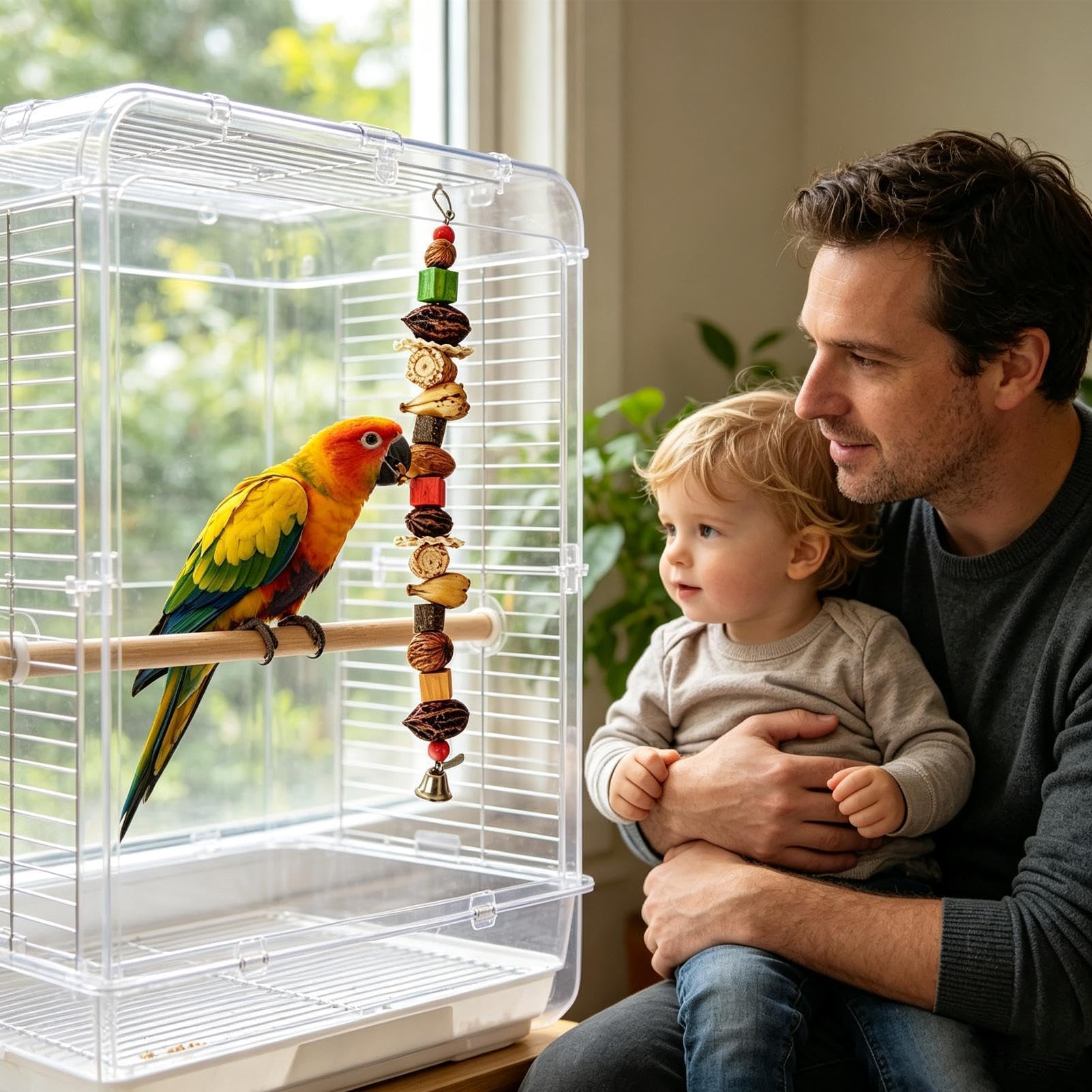 Perchoir à mâcher pour oiseaux 60 cm | Bois naturel, maïs, bloc de noix et corde pour perruches, perroquets – escalade, soulagement du stress, aire de jeux en cage