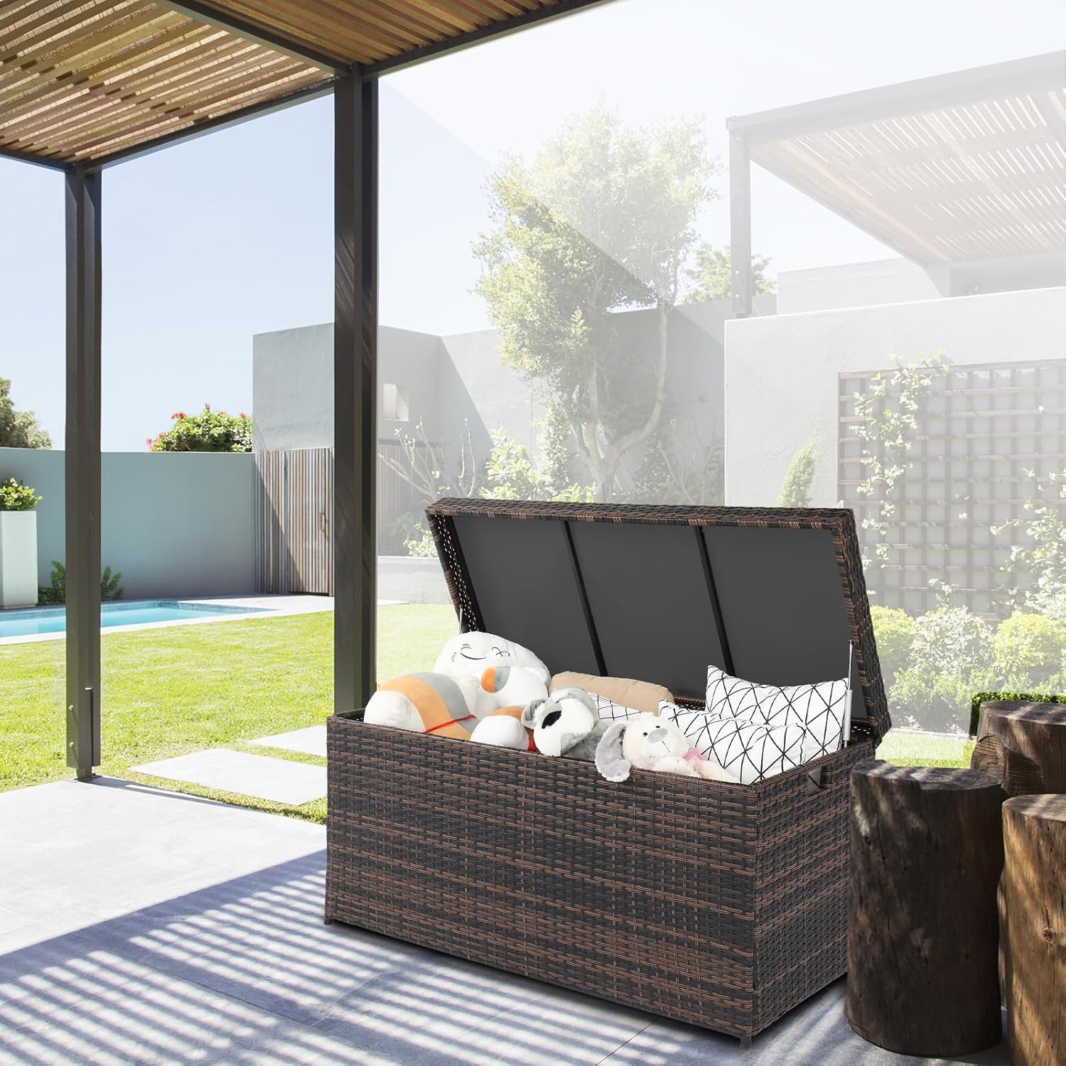 Polyrattan Gartenbox mit Deckel, auflagenbox wasserdicht 500L - Mit flexiblem Scharnier, UV-beständig, rostbeständig, großes Fassungsvermögen, Brauner Farbverlauf