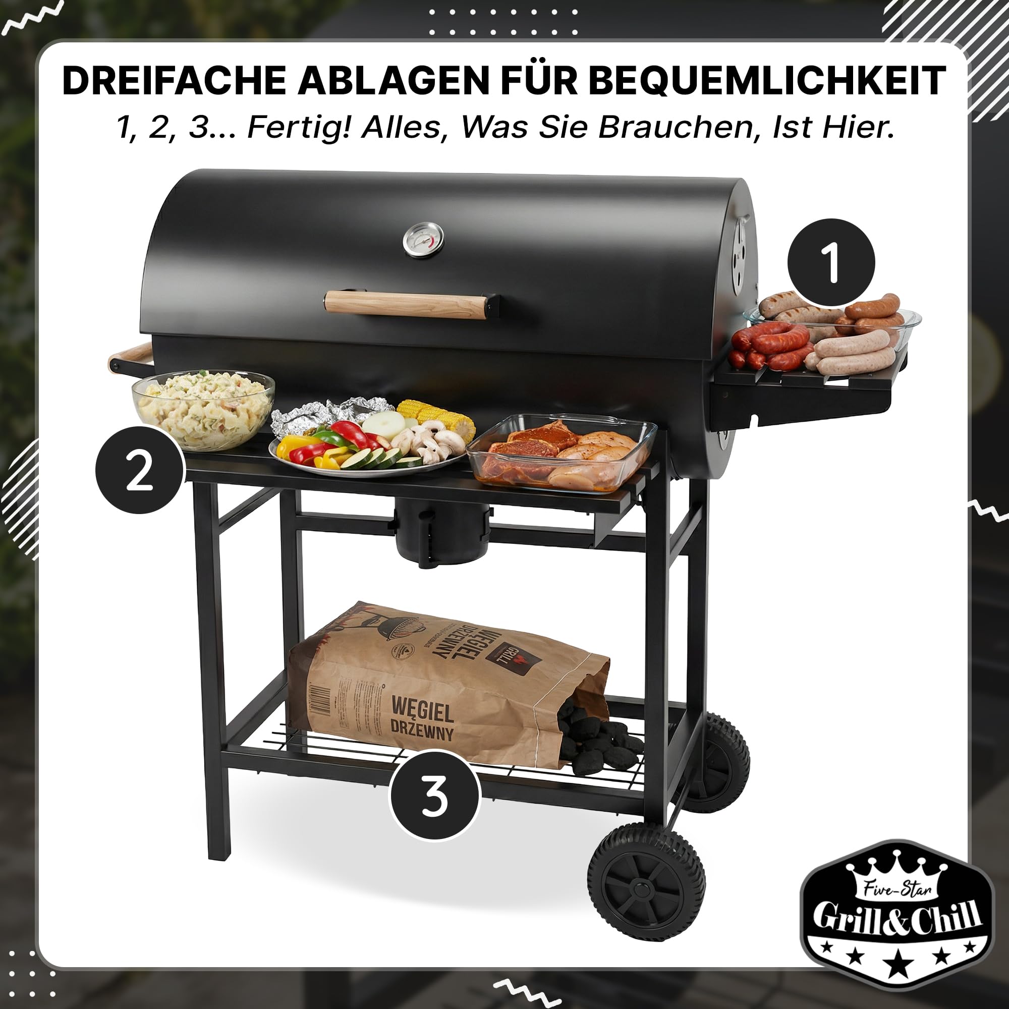 Five-Star Grill&Chill Holzkohlegrill mit Deckel – Großer Grillwagen mit Chromrost 71×35 cm & Thermometer – Für Garten & Terrasse – Aschekasten, Lüftungsöffnungen, 2 Räder