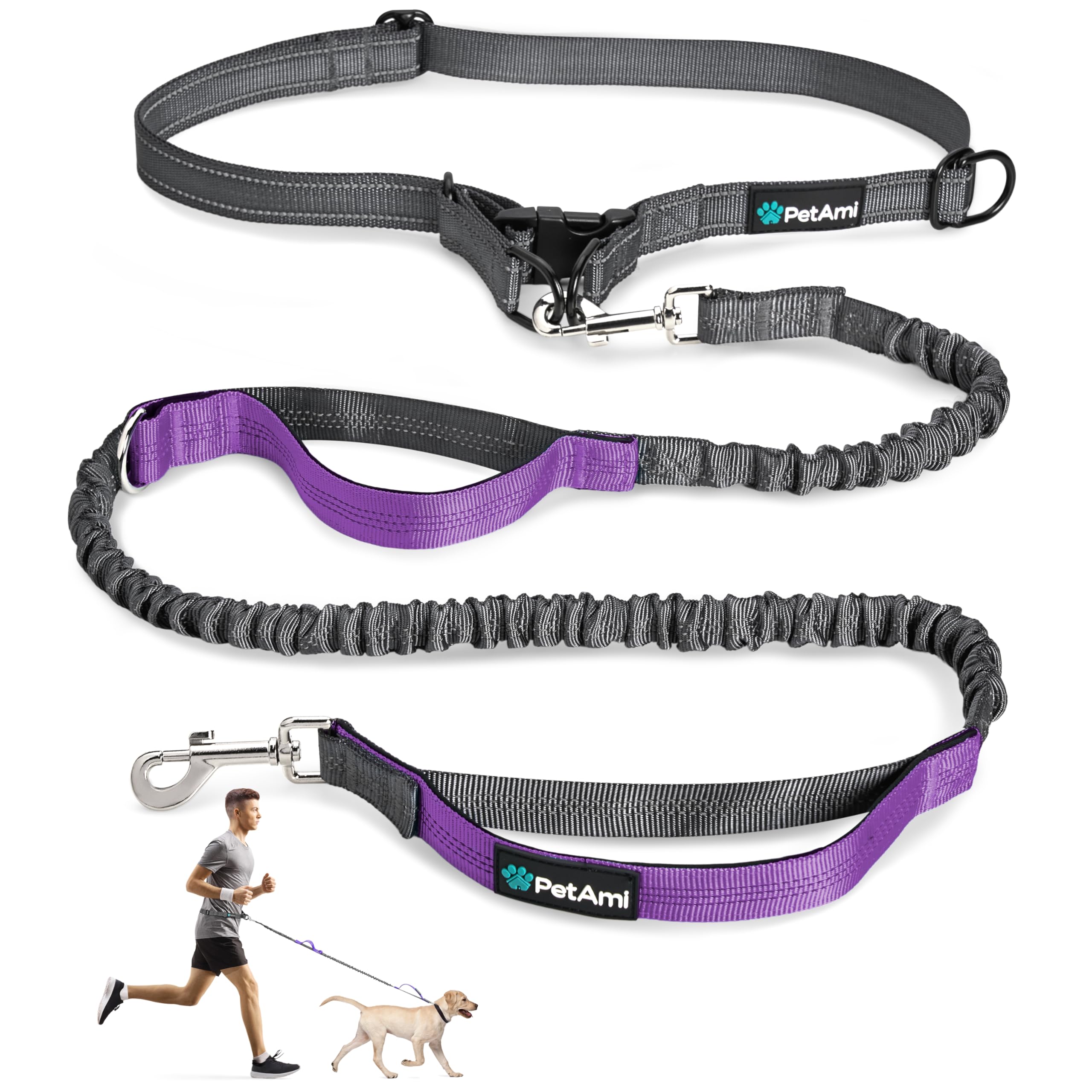 PetAmi Hands-Free Dog Leash for Walking, Running & Hiking, Heavy Duty Bungee Waist Leash with Dual Padded Handles, Adjustable Reflective Belt for Small, Medium & Large Dogs up to 150 lbs, Purple