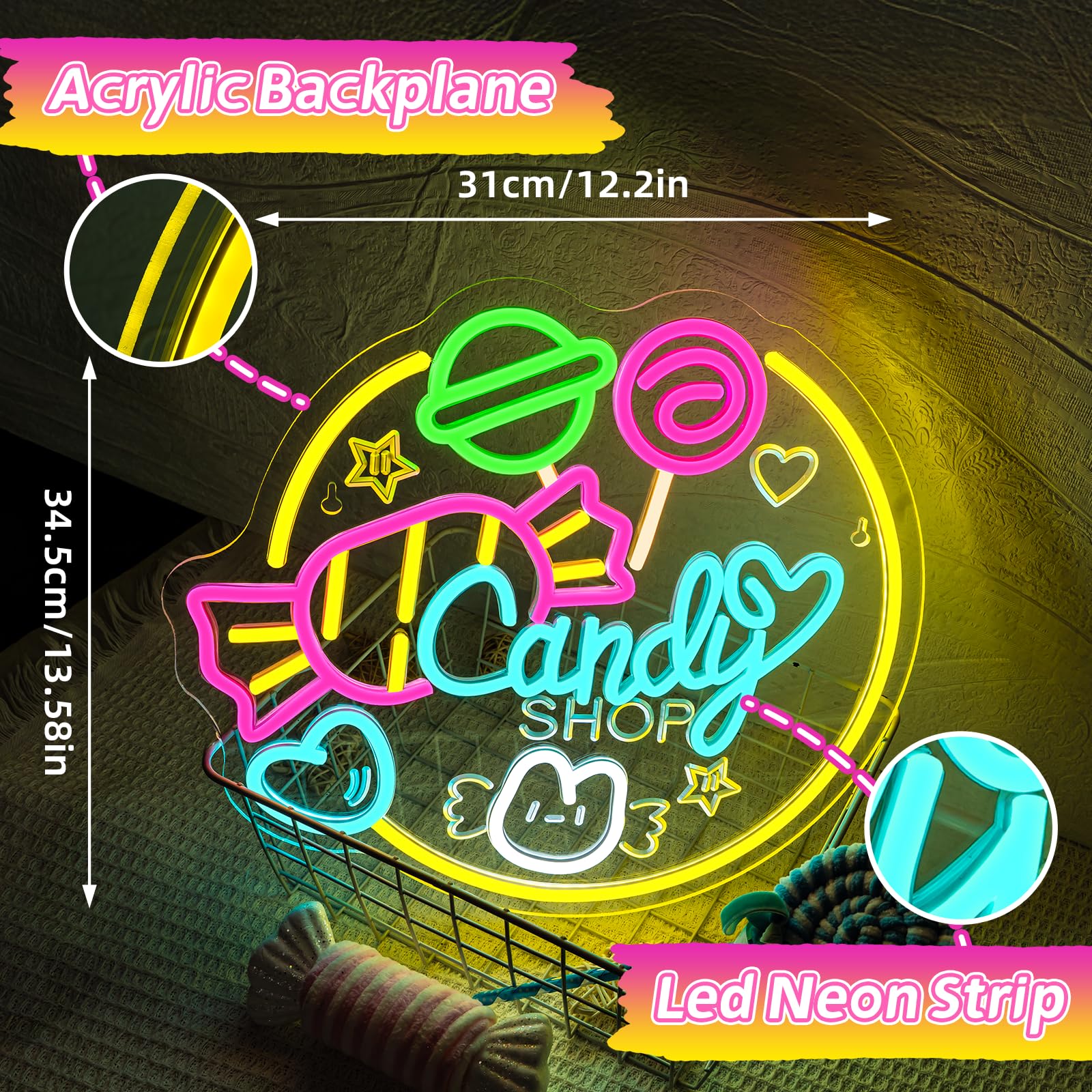 Candy Shop Neon Led, Caramelo Luces Neon Regulable para Decoración, Tienda de Golosinas Letrero Led para Tienda de Dulces,Pastelería,Fiestas,Sala de Estar,Regalo para Niños