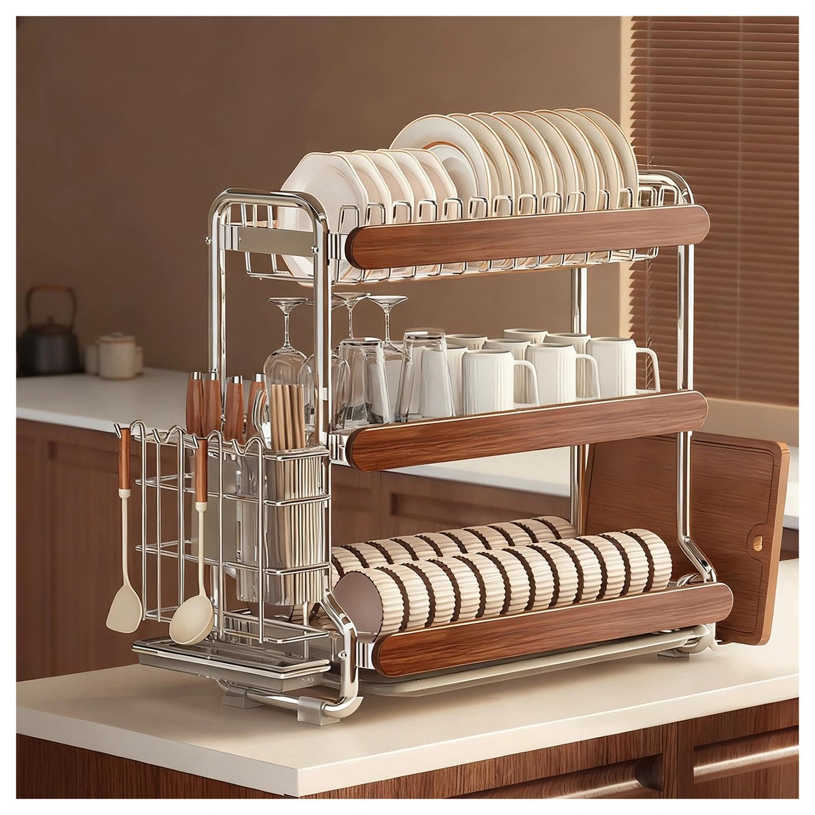 Scolapiatti,scolapiatti in Acciaio Inox,scolapiatti Multifunzionale per Il bancone della Cucina,scolapiatti con Supporto e Tagliere,portautensili(3 Livelli)