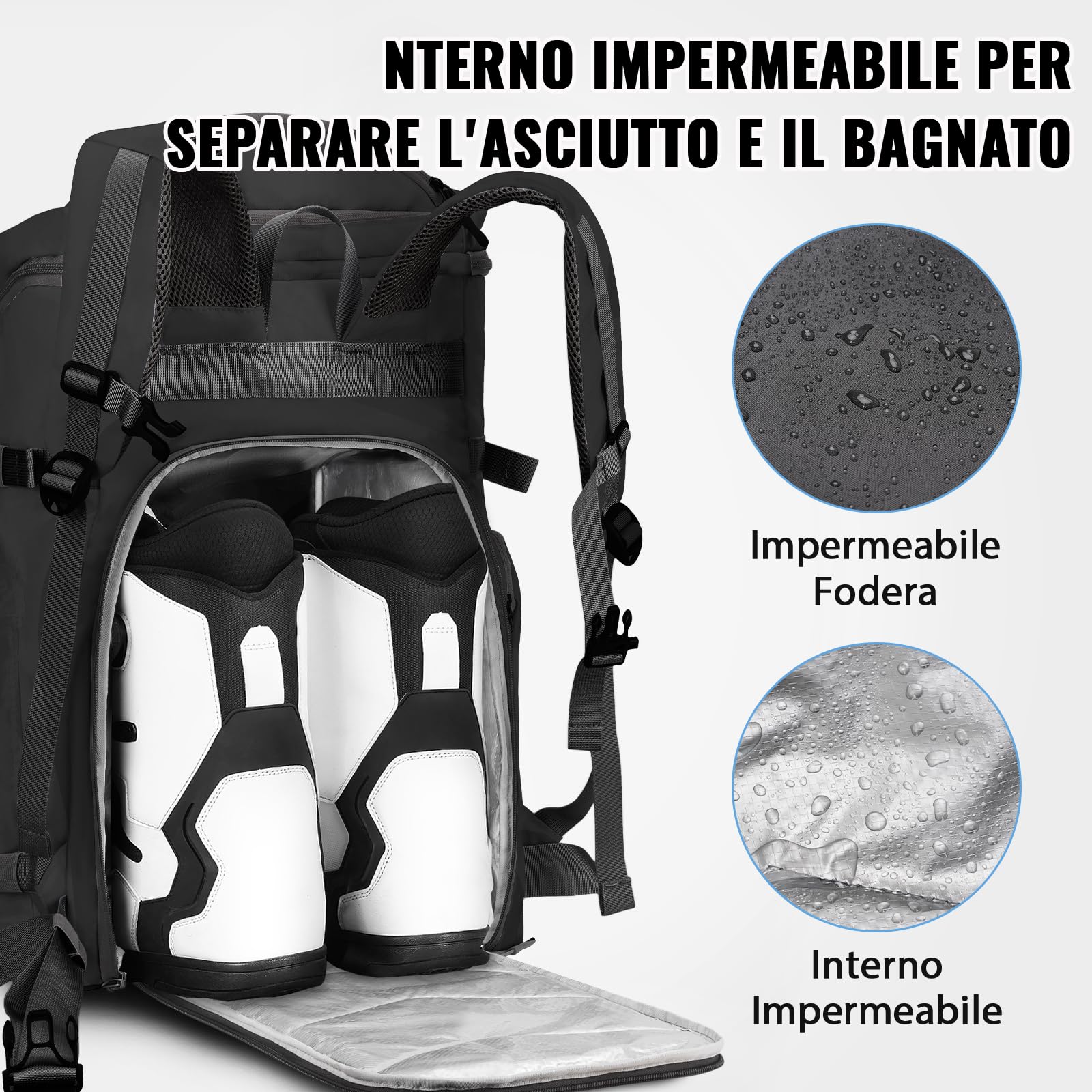 YOREPEK Zaino Porta Scarponi Sci, Impermeabile Sacca Porta Scarponi da Sci e Casco, 65L, Grande Zaino Snowboard con 8 Scomparti Separati per Casco, Occhiali, Guanti, Giacca, Attrezzatura Sciistica