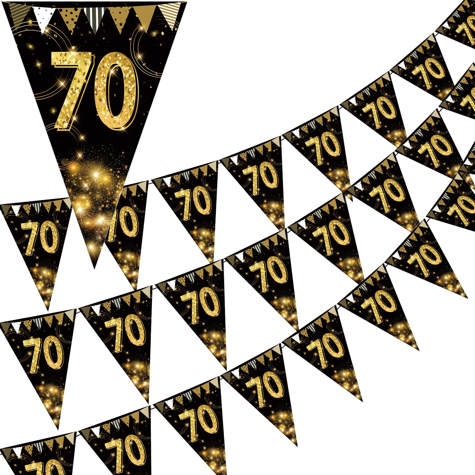 KTFNOMES Happy 70th Birthday Banner Bunting Flags Gold and Black Glitter Anniversary Party Decoration Supplies,70th Birthday Triangle Flag Banners for Men Women,7.1 x 10.2 inch,40 Pieces
