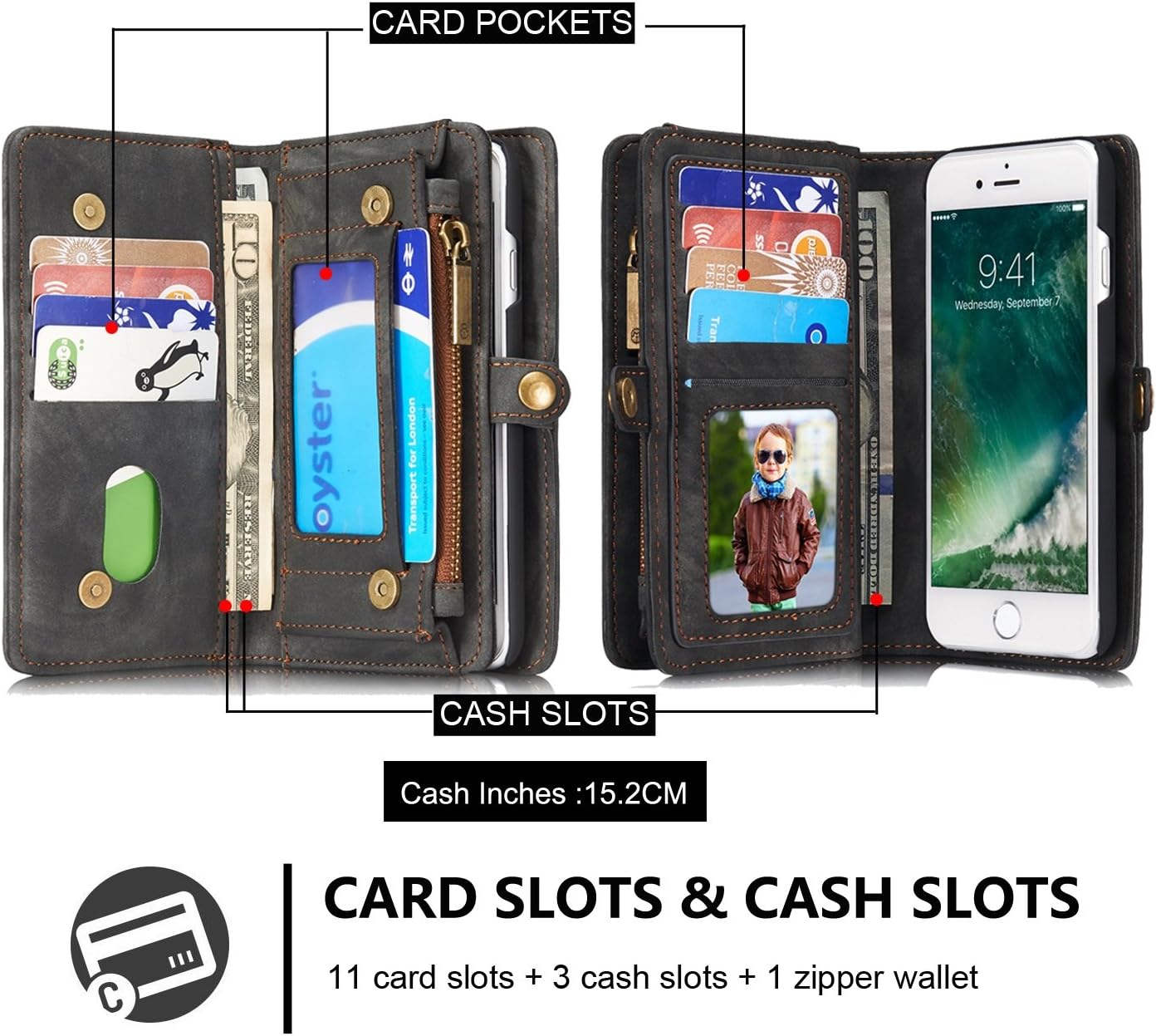 MOONORN iPhone 7 Plus/iPhone 8 Plus Wallet Case - Detachable Leather Phone Wallet Magnetic Flip Case Shockproof Cell Phone Case with Credit Card Slots (Black)