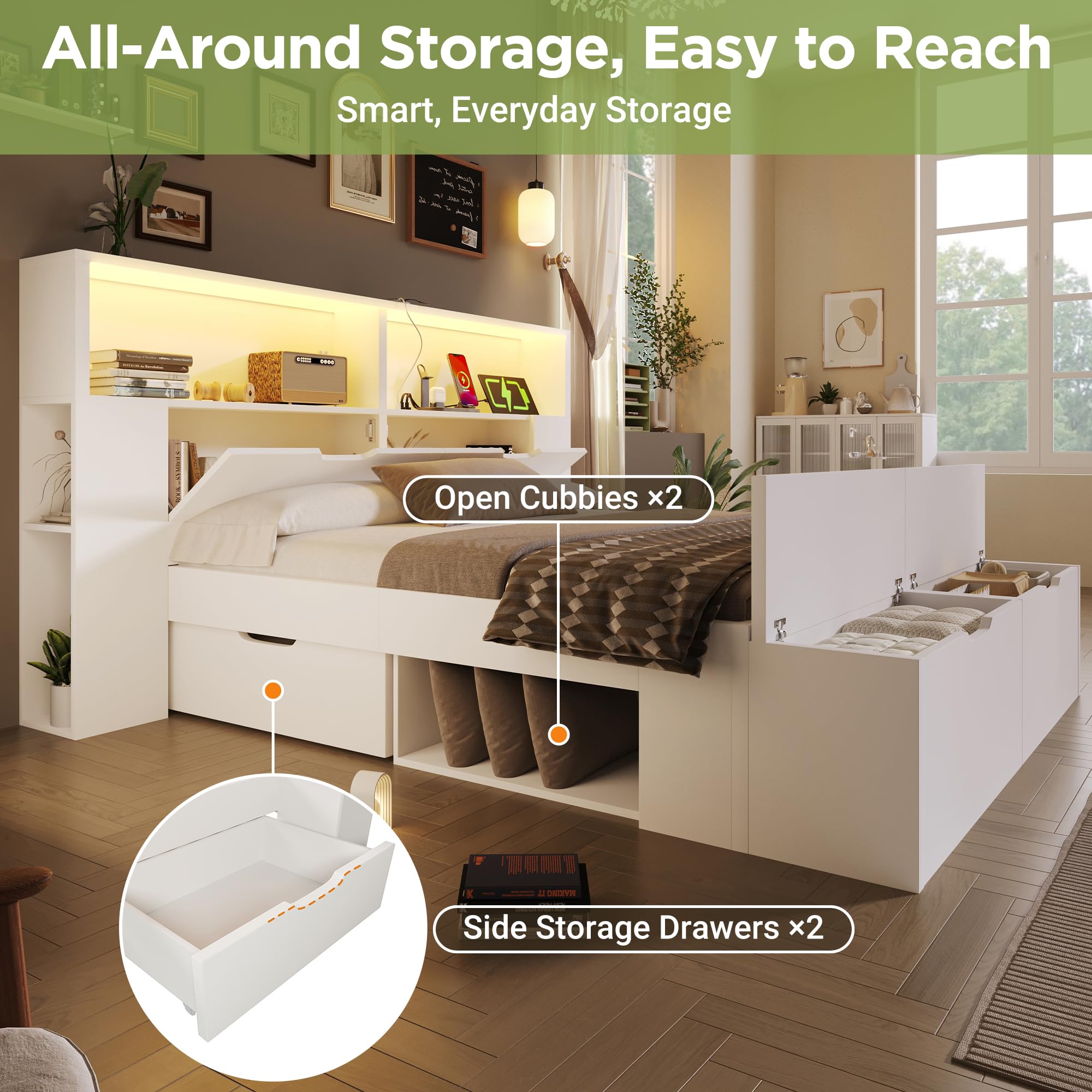 Zepneiy Lit Enfant 140x200 avec LED et USB, Lit Double 140x200 avec Tabouret Queue et tiroirs, avec étagères et sommier à Lattes, pour Adolescent et Enfant, Cadre de en Bois Blanc(sans Matelas)