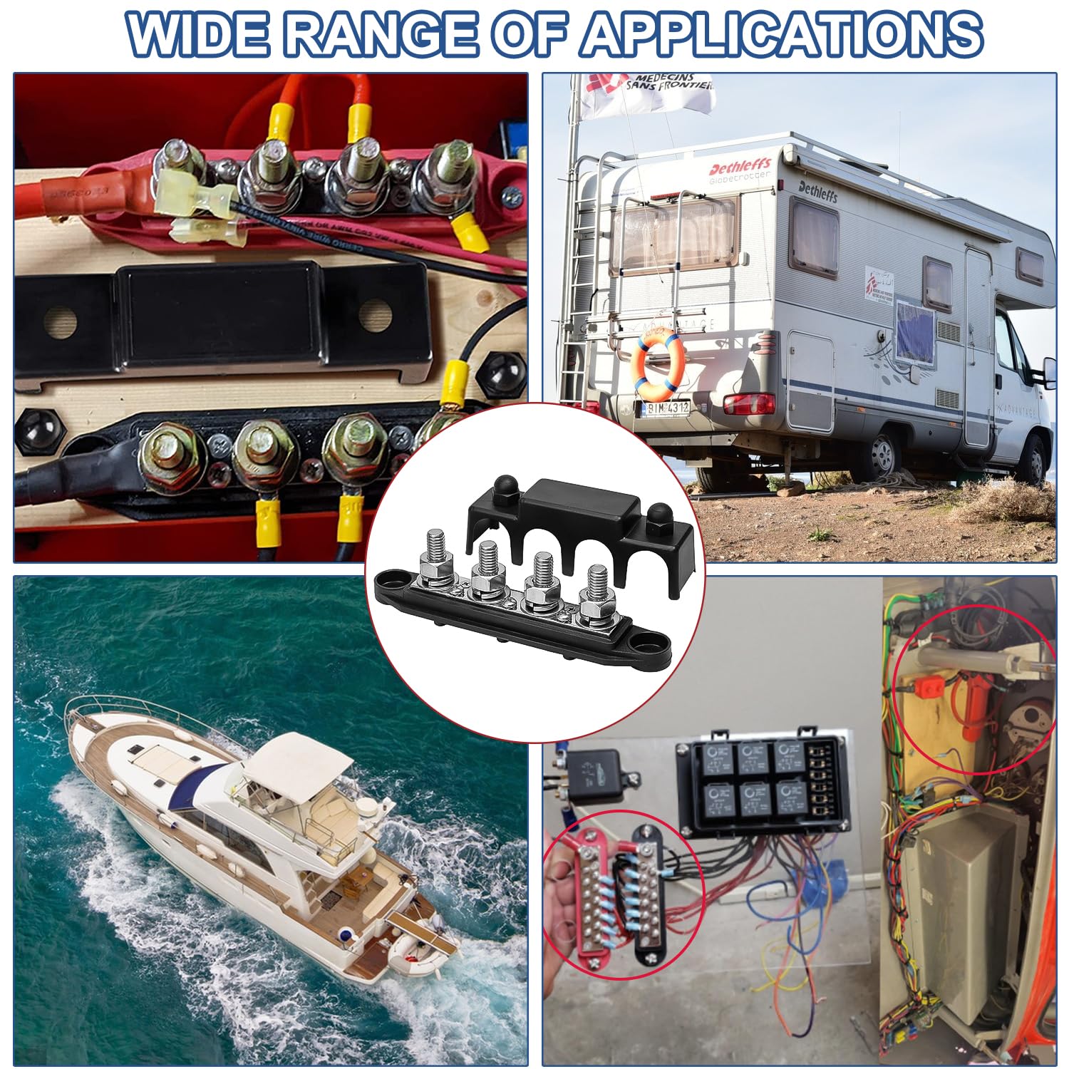 2 pièces Ensemble Jeu de Barres à 4 Voies Noir et Rouge, Bloc de Distribution de Câblage à Boulons en Cuivre 48V250A, Bloc de Distribution de Bus Cc, Jeu de Barres de Yacht RV