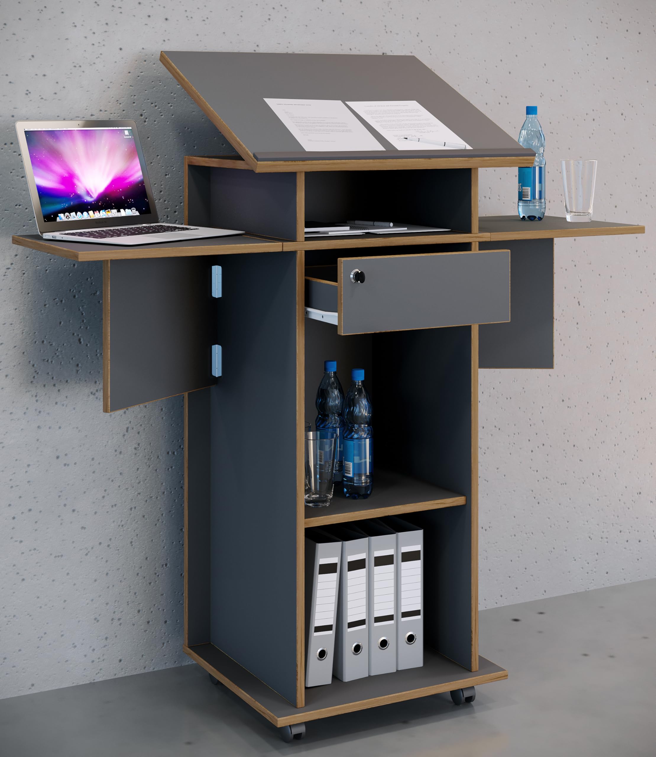 VCM Holz mobiles Rednerpult | Maße ca. H. 107 bis 128 cm x B. 60 bis 123 cm x T. 44 cm | rollbar mit Schublade | Stehpult | Stehtisch - Salia Anthrazit