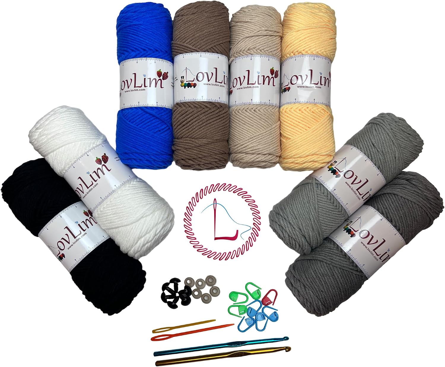 Bulky 5 Milk Cotton Yarn, 8x100g Soft Yarn Skeins, 1000+ Yards, Crochet,Knitting and Amigurumi, Free Patterns, Needles, Accessories, Bag, Ideal Starter Kit for Kids Adults Beginner Experts