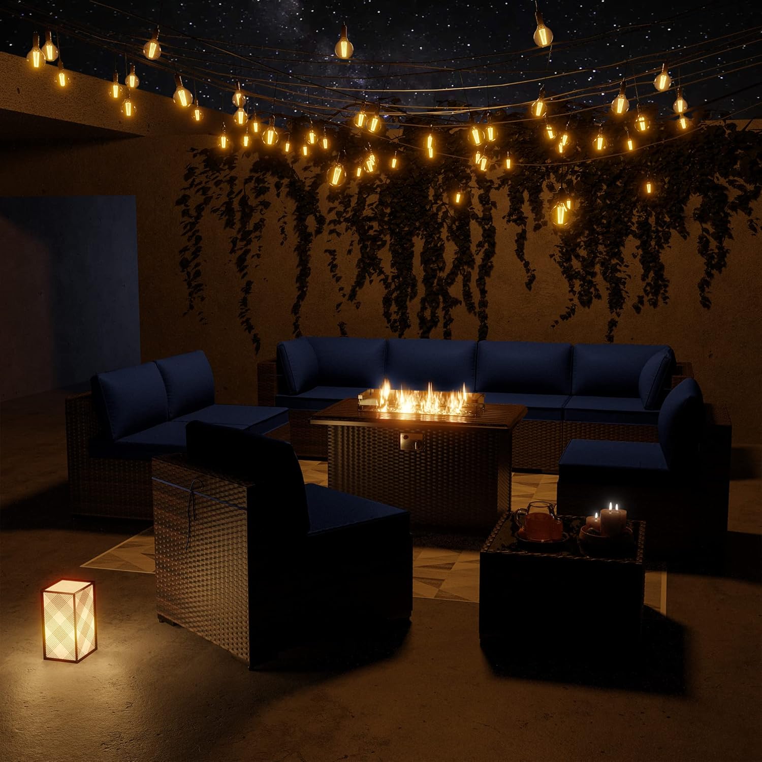 ALAULM 10 Pieces Patio Furniture Set with Propane Fire Pit Table Outdoor Sectional Sofa Sets Patio Furniture 43" Gas Fire Pit Brown PE Rattan Patio Conversation Set w/8 Seat Cushions (Dark Blue) : Patio, Lawn & Garden