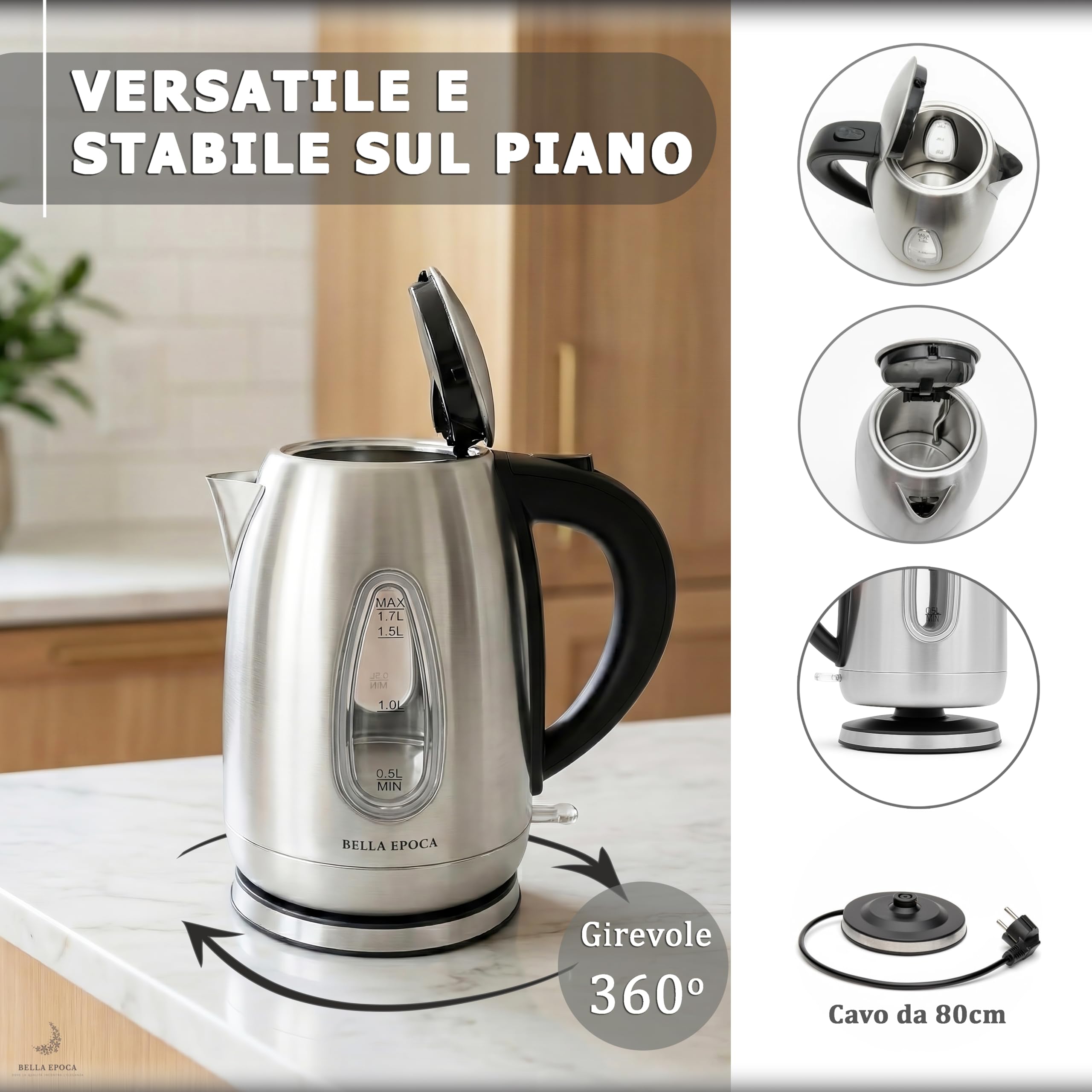 BELLA EPOCA Bollitore Elettrico in Acciaio Inox Spazzolato, 1.7 Litri, 2200W, Bollitore Acqua Rapido e Silenzioso con Doppio Finestrino e Filtro Anticalcare Removibile, Modello Argentum