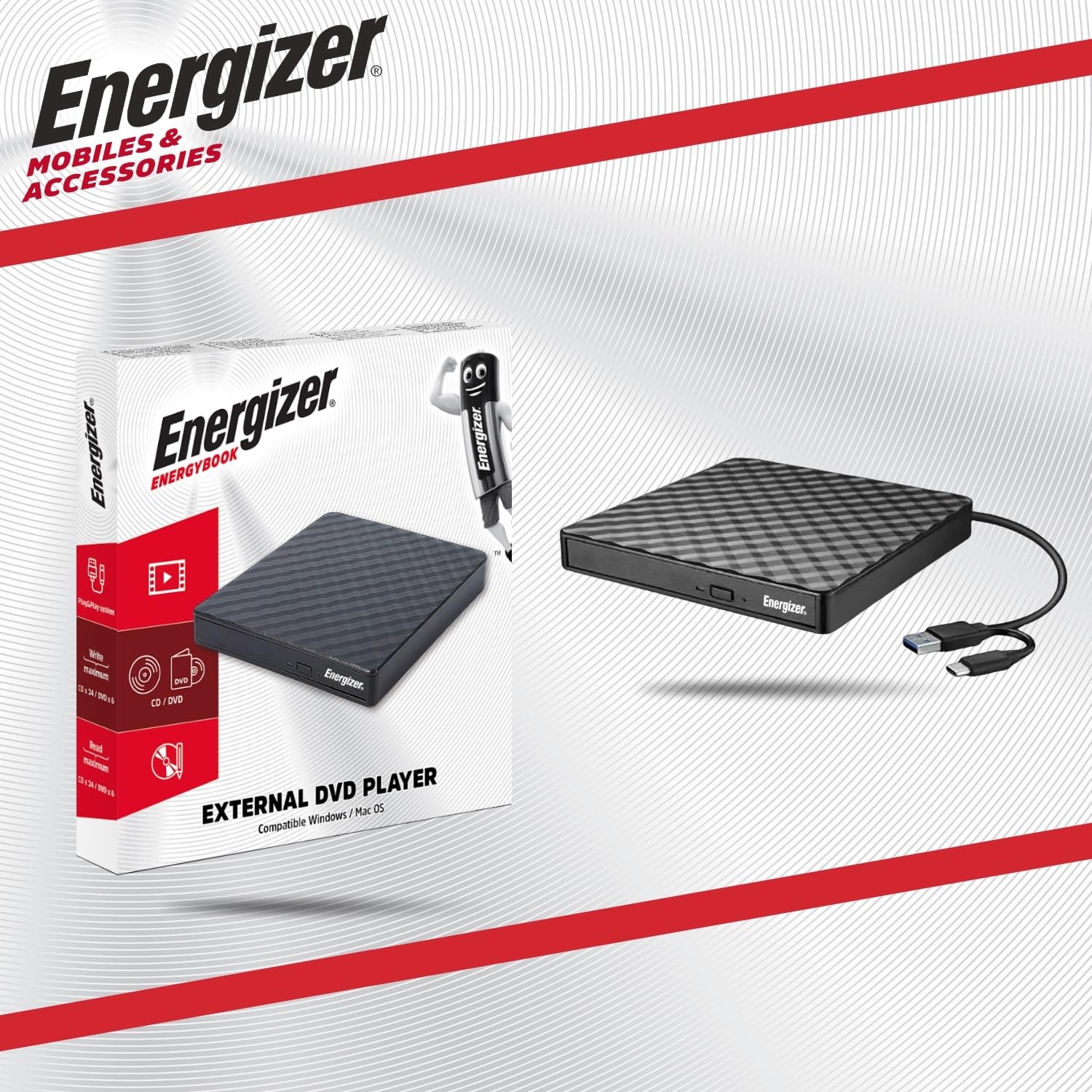 Energizer - Lecteur Graveur DVD Externe USB 3.0 & Type-C - Haute Vitesse 5Gbps - Plug & Play pour PC, MacBook & Windows - Compatible CD-RW, DVD±RW - Design Fin & Noir