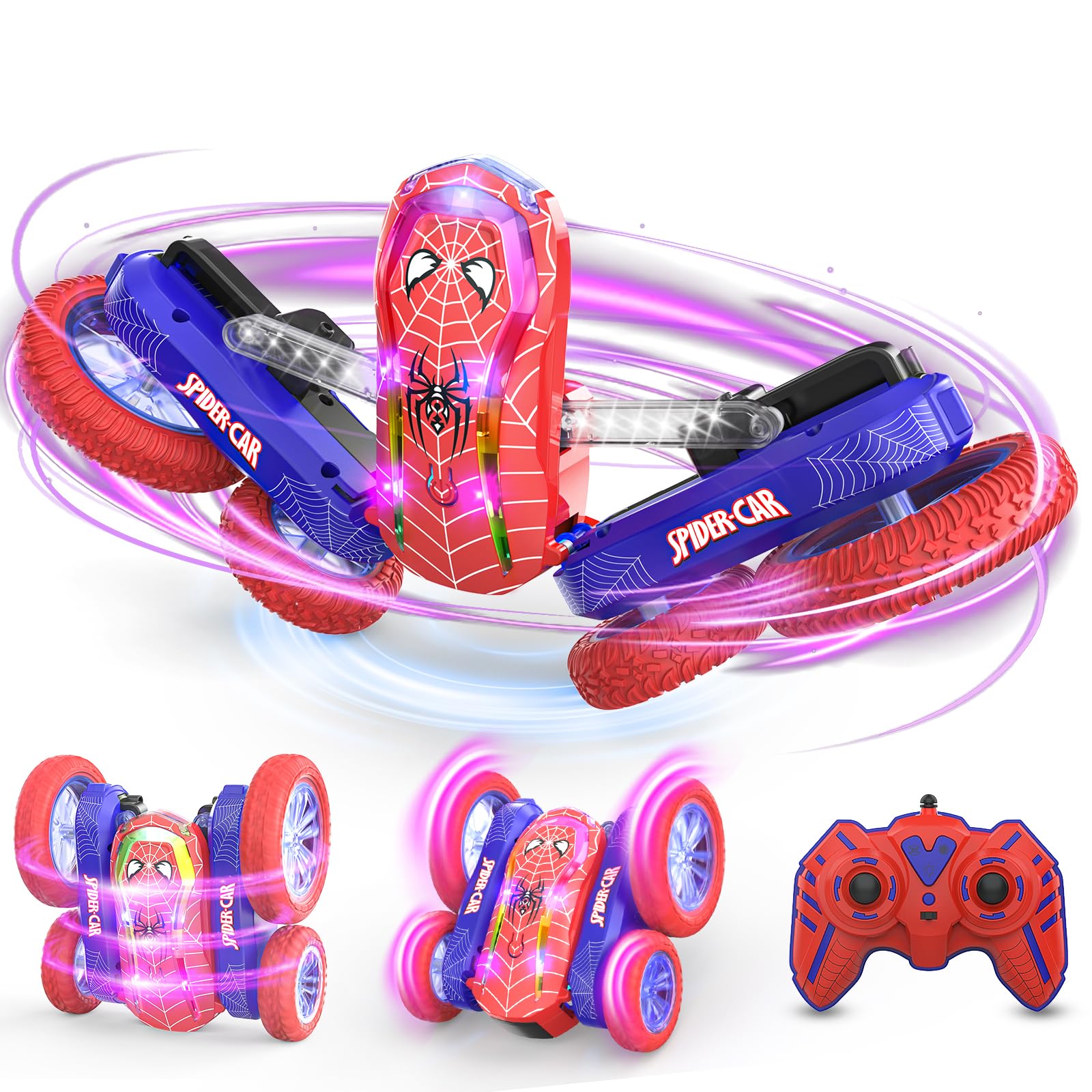 Coche Teledirigido Niños 4 5 6 7 8 9 10 Años, Spider Juguete Monster Truck RC Carro Radiocontrol Acrobático con Espectáculo de Luz, Remote Car Regalo Niña Cumpleaños Navidad Juego Infantiles Exterior