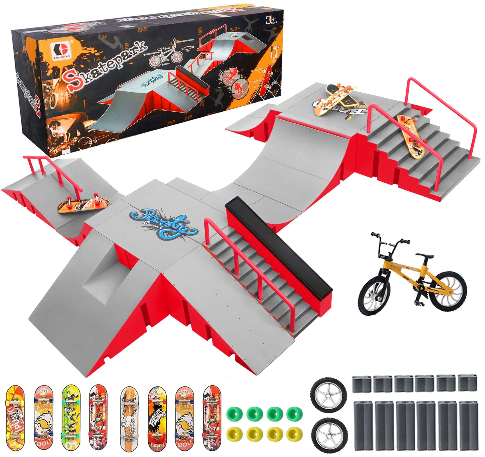 RNGODO Finger Skateboard Park Kits,14-in-1 Bigger Finger Skateboard Ramp Set with 14 Ramps,8 Fingerboards,1 Finger Bike, Skate Park Kit,Fingerboard Skatepark Half Pipe Toys Gifts for Ages 3+