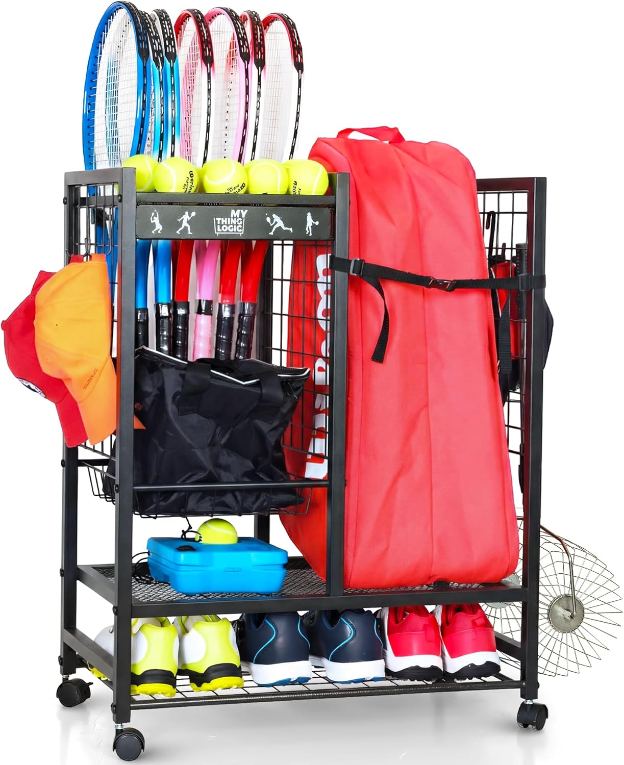 Mythinglogic Tennis Bag Storage Rack, Tennis Racket and Ball Organizer, Tennis Equipment Holder for Garage, Club, School
