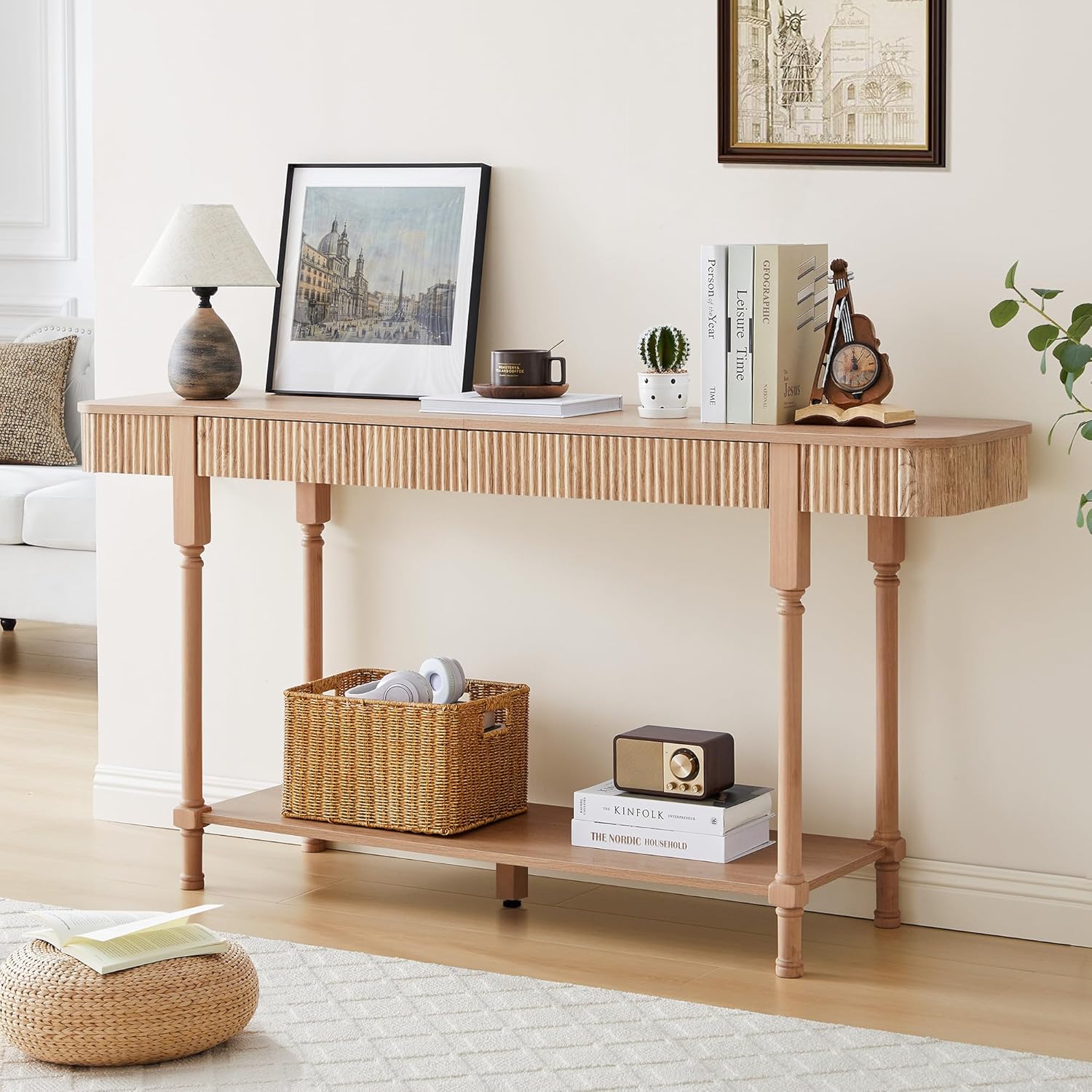 63-inch fluted console table with 2 drawers and shelf