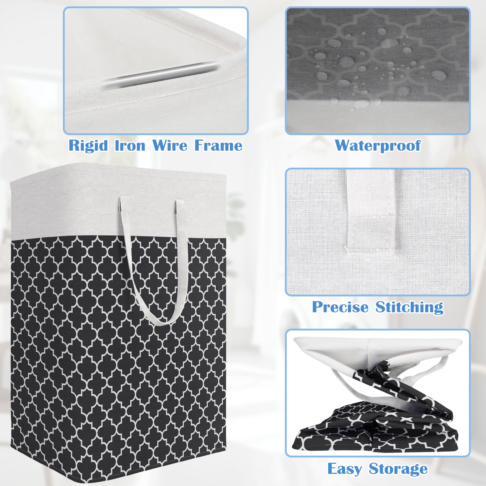 BlissTotes Cesto portabiancheria pieghevole, nero, 100 l, confezione da 3 | Cesto portabiancheria per camera da letto, cesto autoportante con manici, cesto portabiancheria