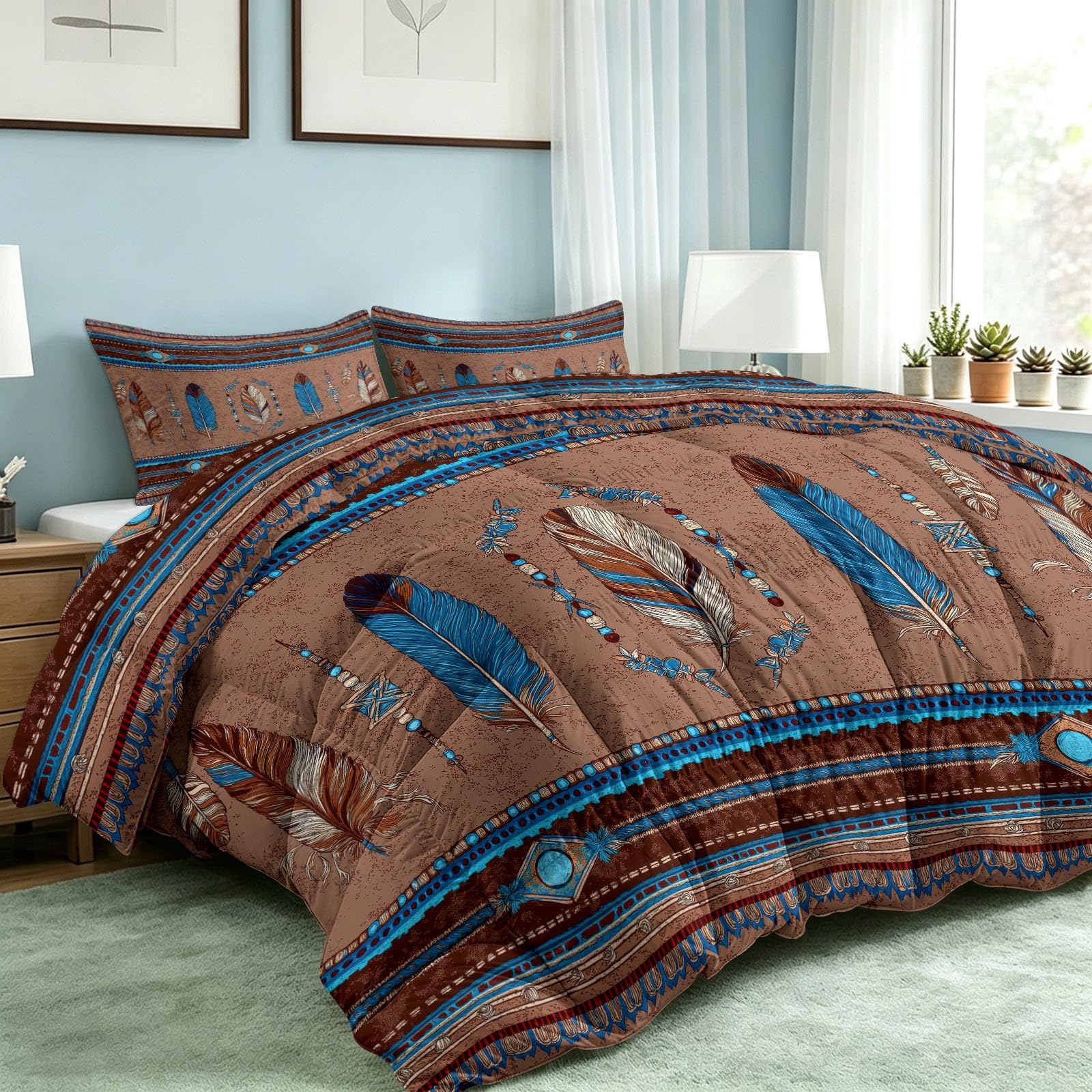 Kołdra etniczna w stylu vintage, 240 x 220 cm, na 4 pory roku, brązowa – zimowa i letnia, miękka, nadająca się do prania, bez poszewki z piórkami, geometryczny brzeg, antyalergiczna kołdra pikowana
