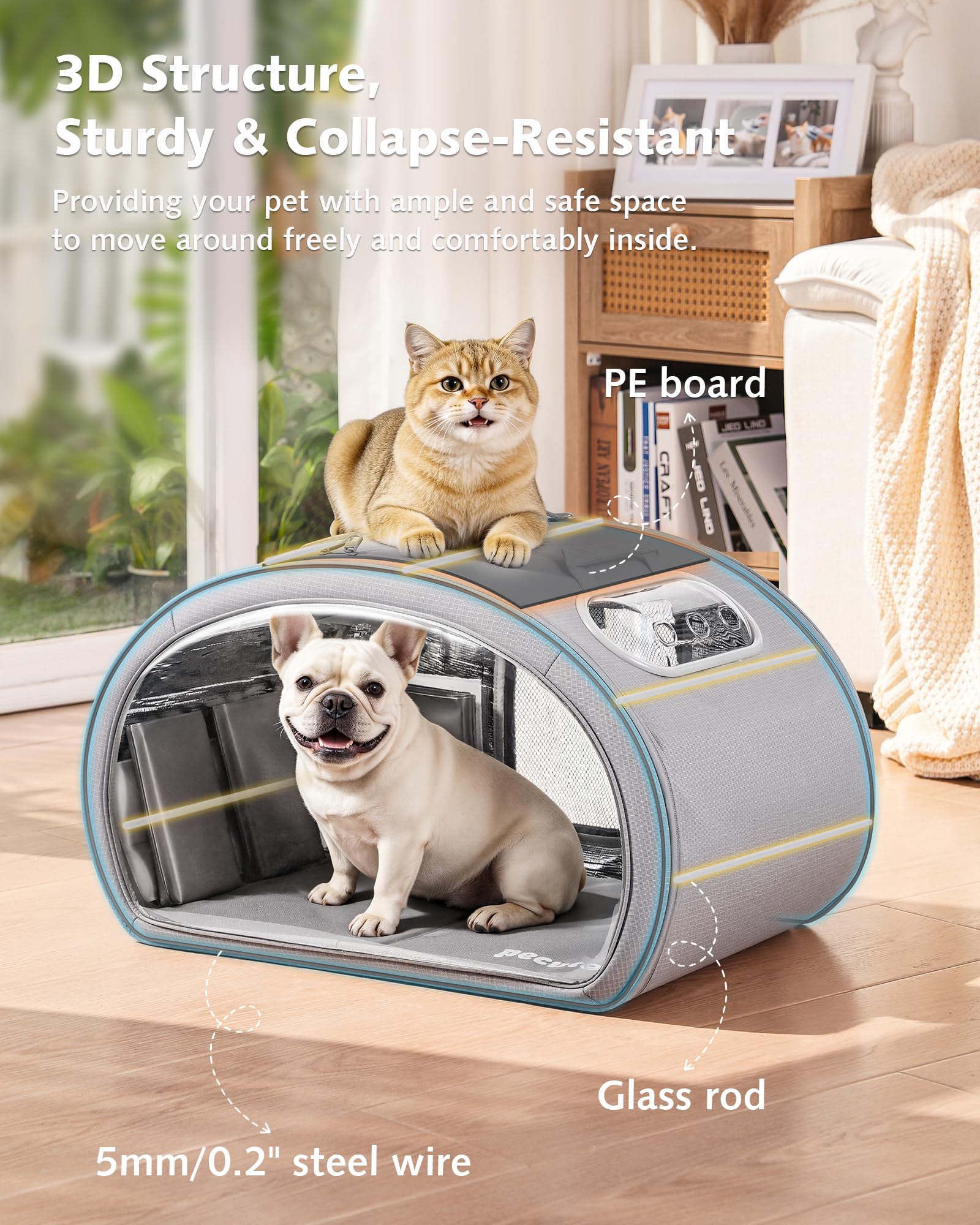 Pecute Cuccia Rinfrescante per Gatti, Tappetino Rinfrescante Cani Piccoli, Isolamento Termico 6 Bustine Ghiaccio Integrate, Pieghevole Finestra Trasparente Int/Est, Animali <8kg, L, Gray