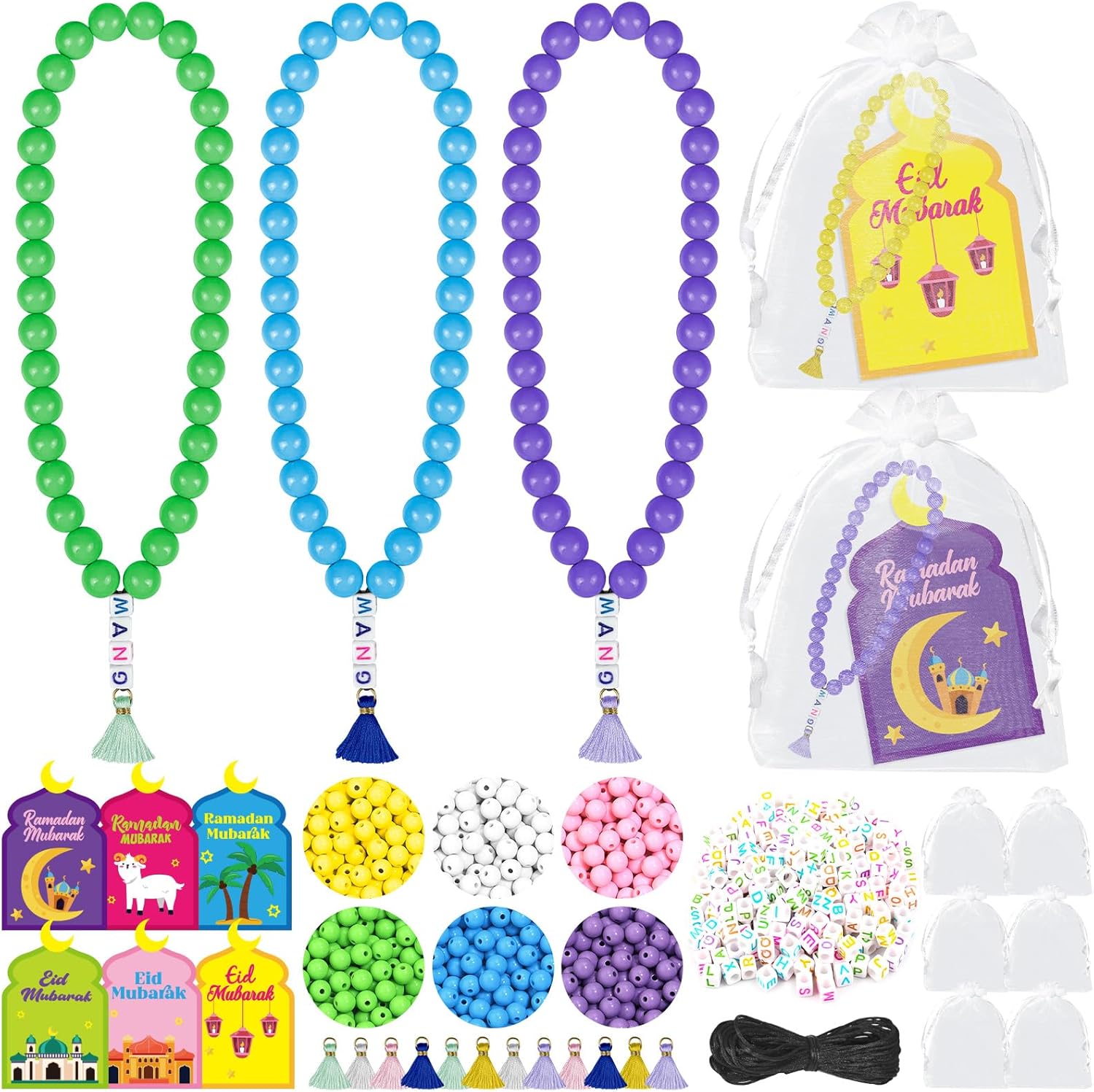Cinrobiye 12 Set Eid Mubarak Party Favor DIY Ramadan Prayer Beads Craft Kits with Mosque Greeting Card Bulk Eid Tasbih Making Supplies for School Home Ramadan Islamic Eid Festival Party Gift Supplies