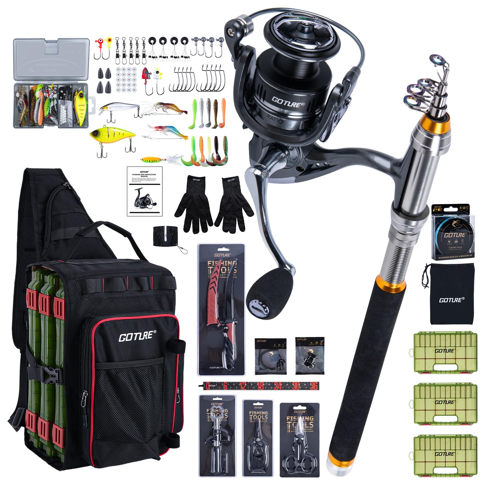 Goture Angelset mit Angelrute und Tasche - 900D Wasserdicht Angeltasche mit 3 Köderboxen, 24T Carbon Teleskop Angelrute & Rolle Komplettset für Raubfisch, Angeln Zubehör Set für Anfänger Profi