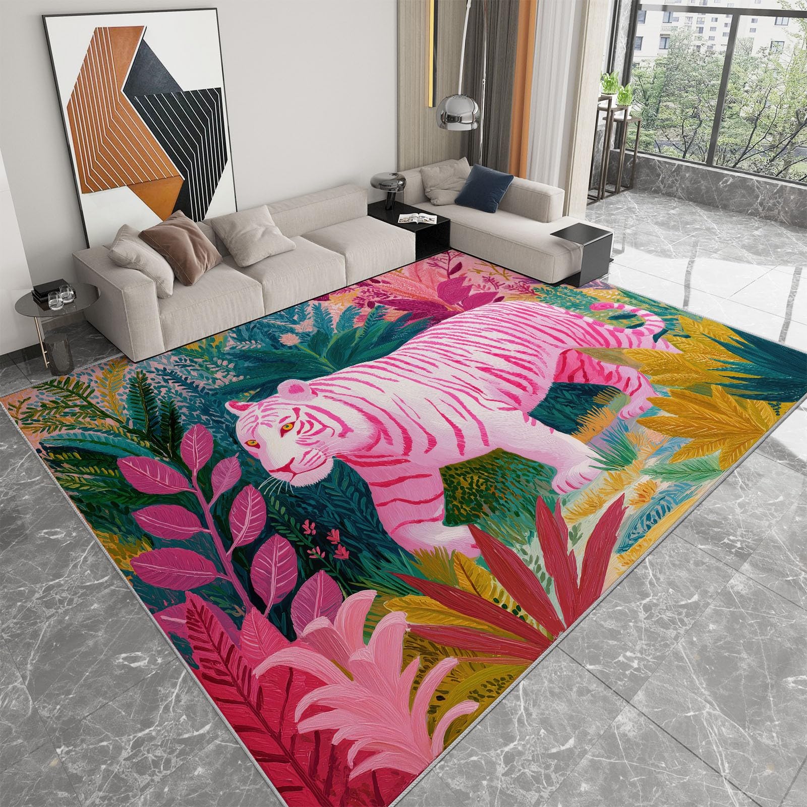 Tapis Salon Lavable Animaux des Prairies Tigre 80x150cm Tapis Chambre Poils Courts Doux Antidérapant pour Salon, Entrée, Chambre et Chambre Bébé